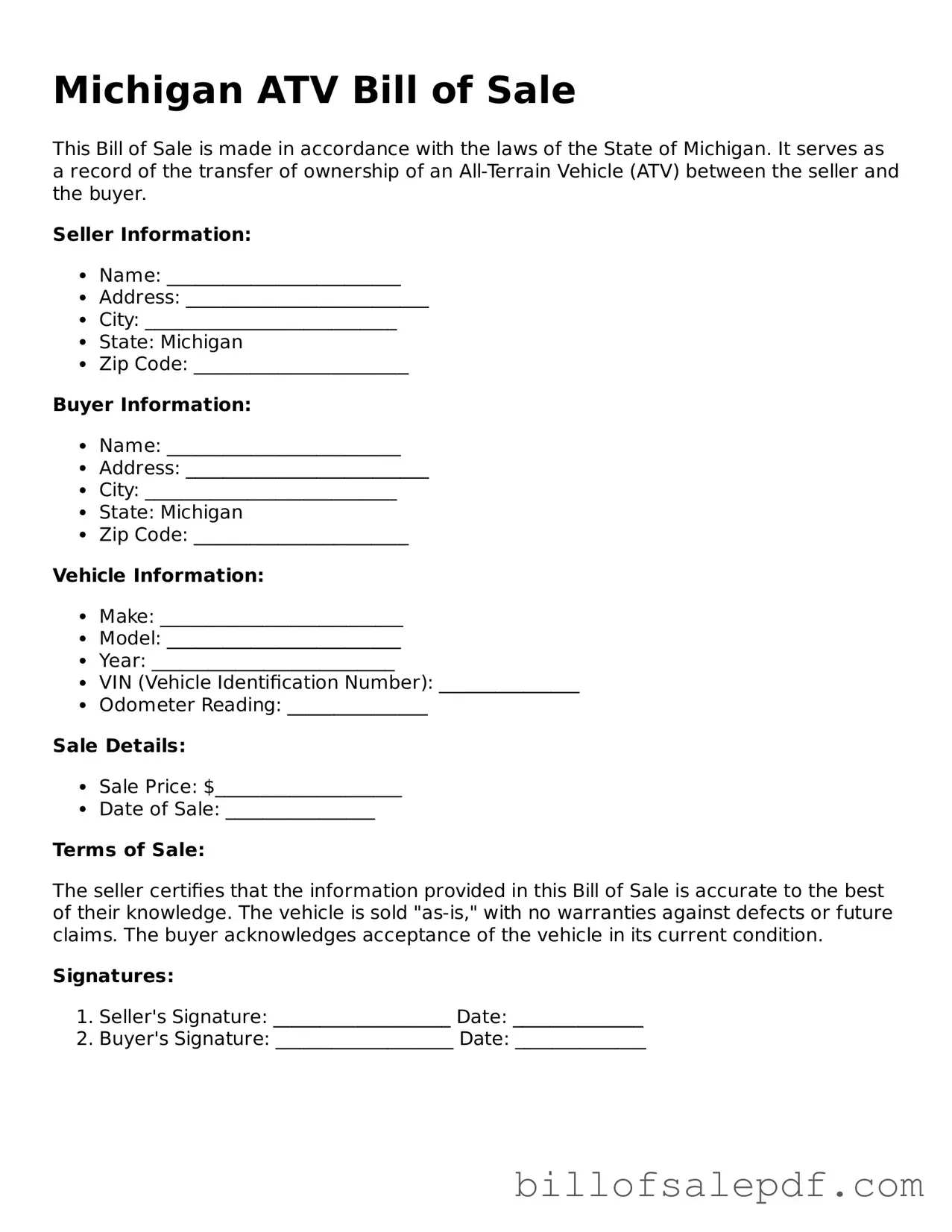 Legal Michigan ATV Bill of Sale Form