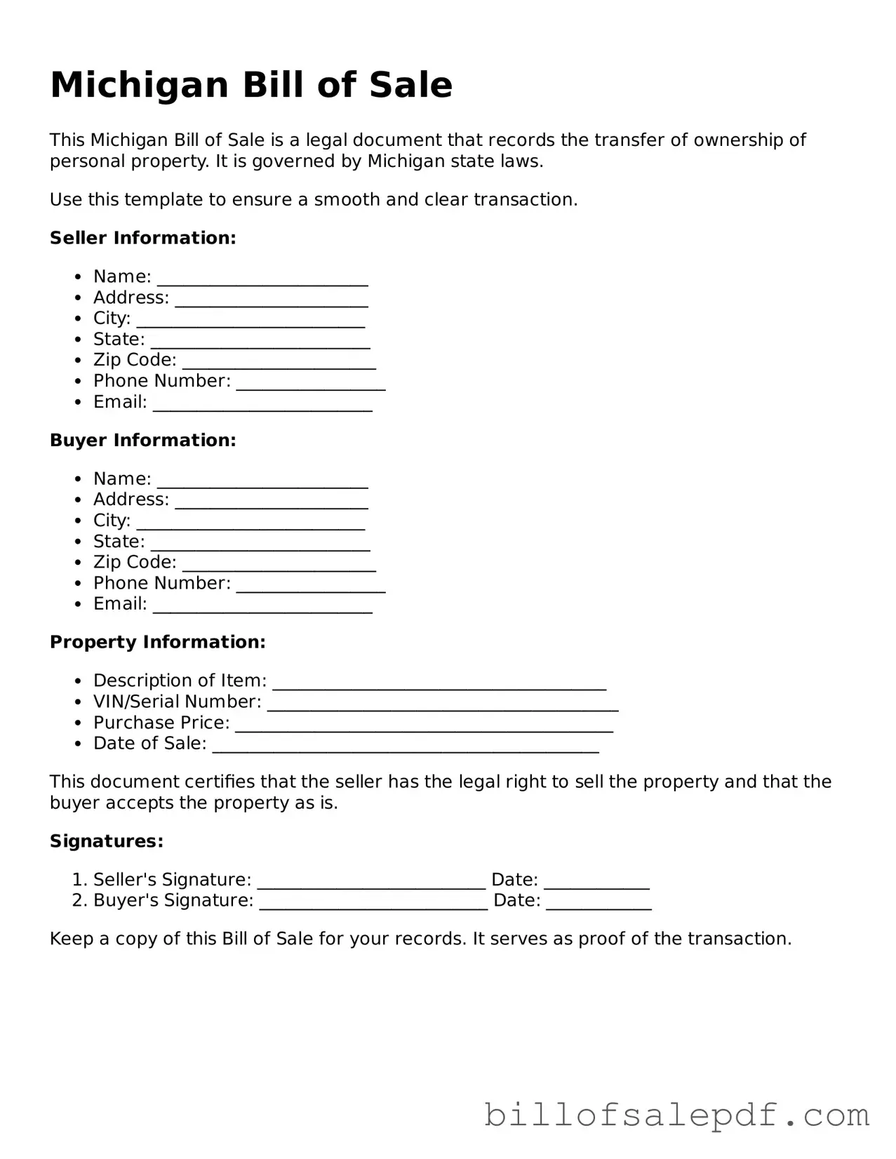 Legal Michigan Bill of Sale Form