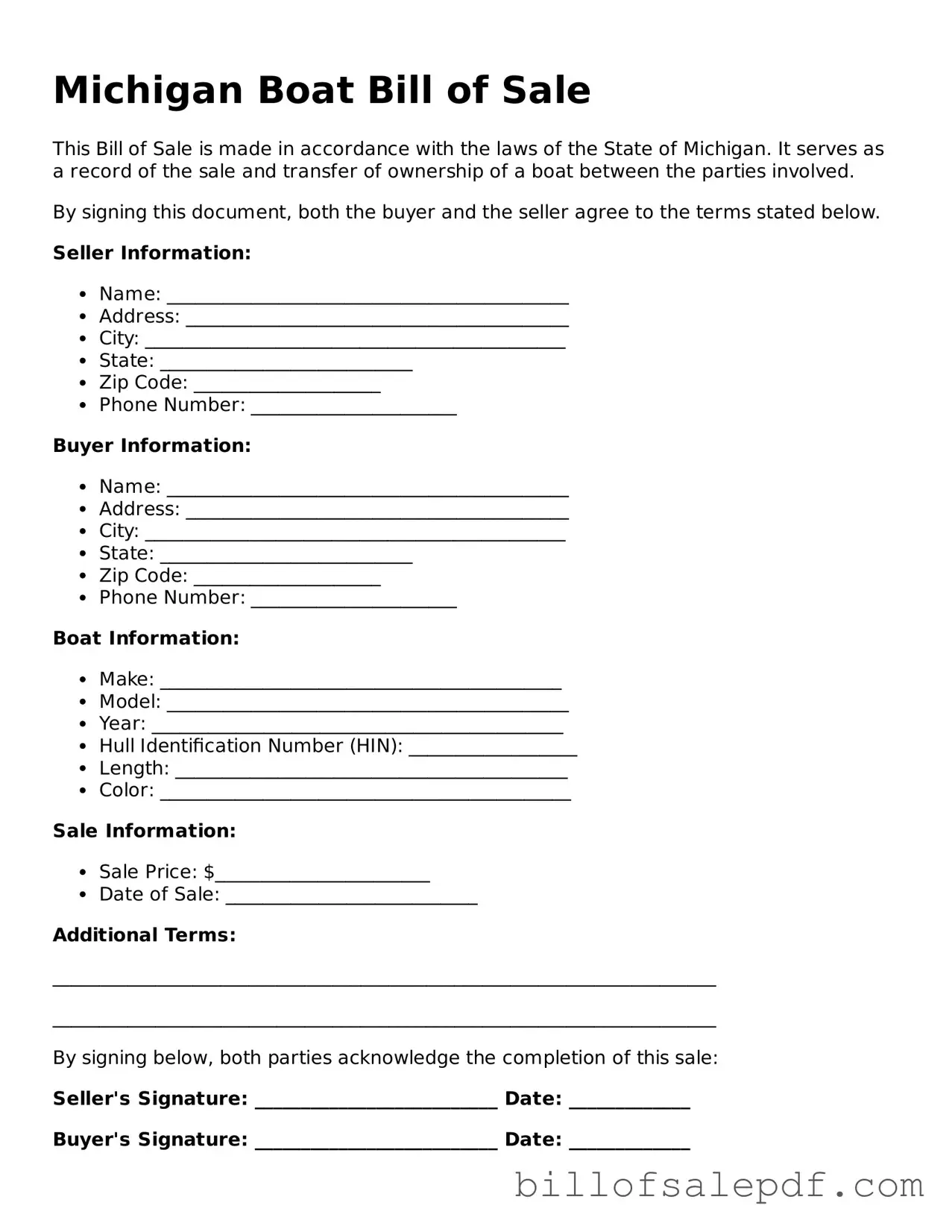 Legal Michigan Boat Bill of Sale Form