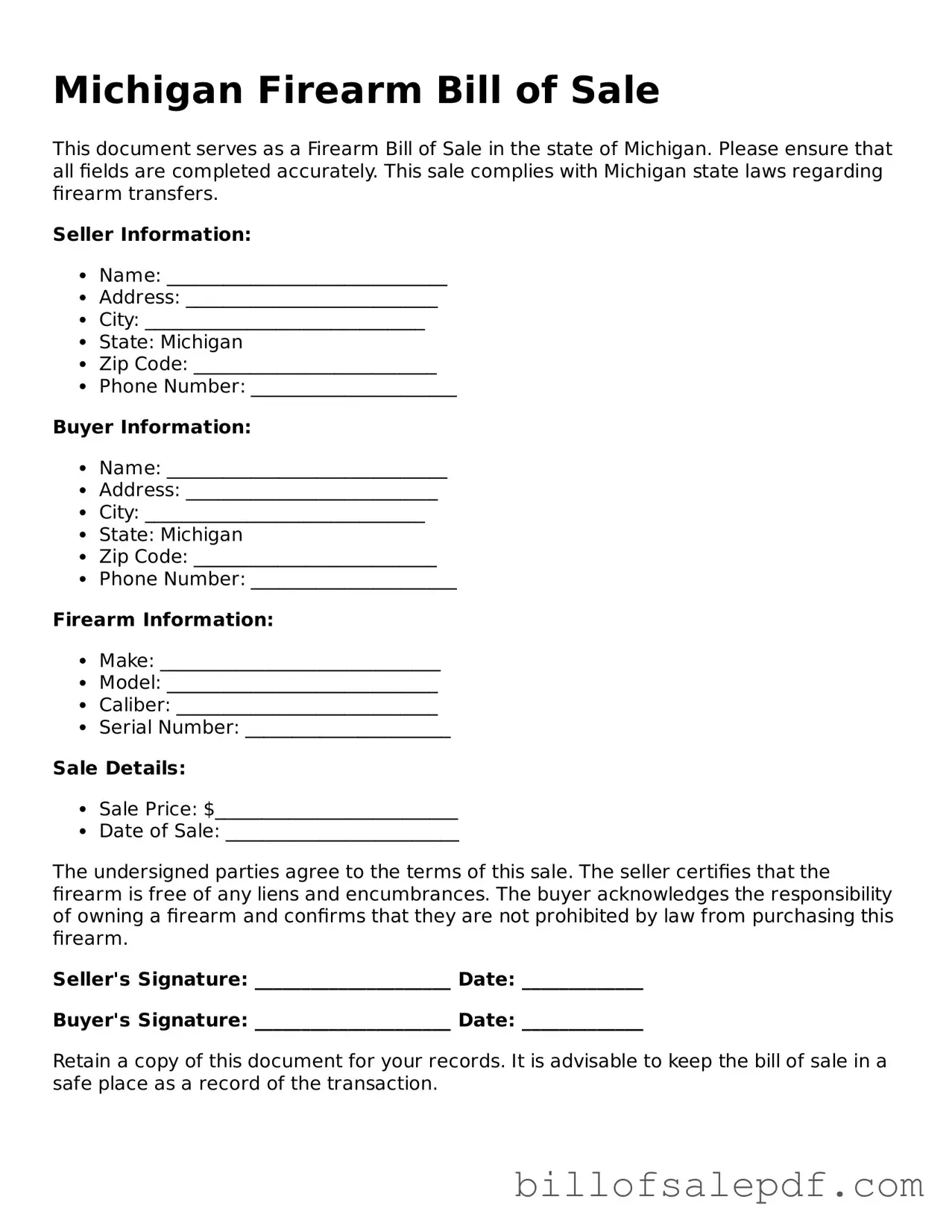 Legal Michigan Firearm Bill of Sale Form