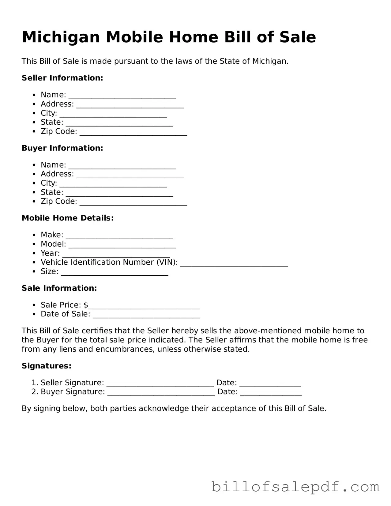Legal Michigan Mobile Home Bill of Sale Form