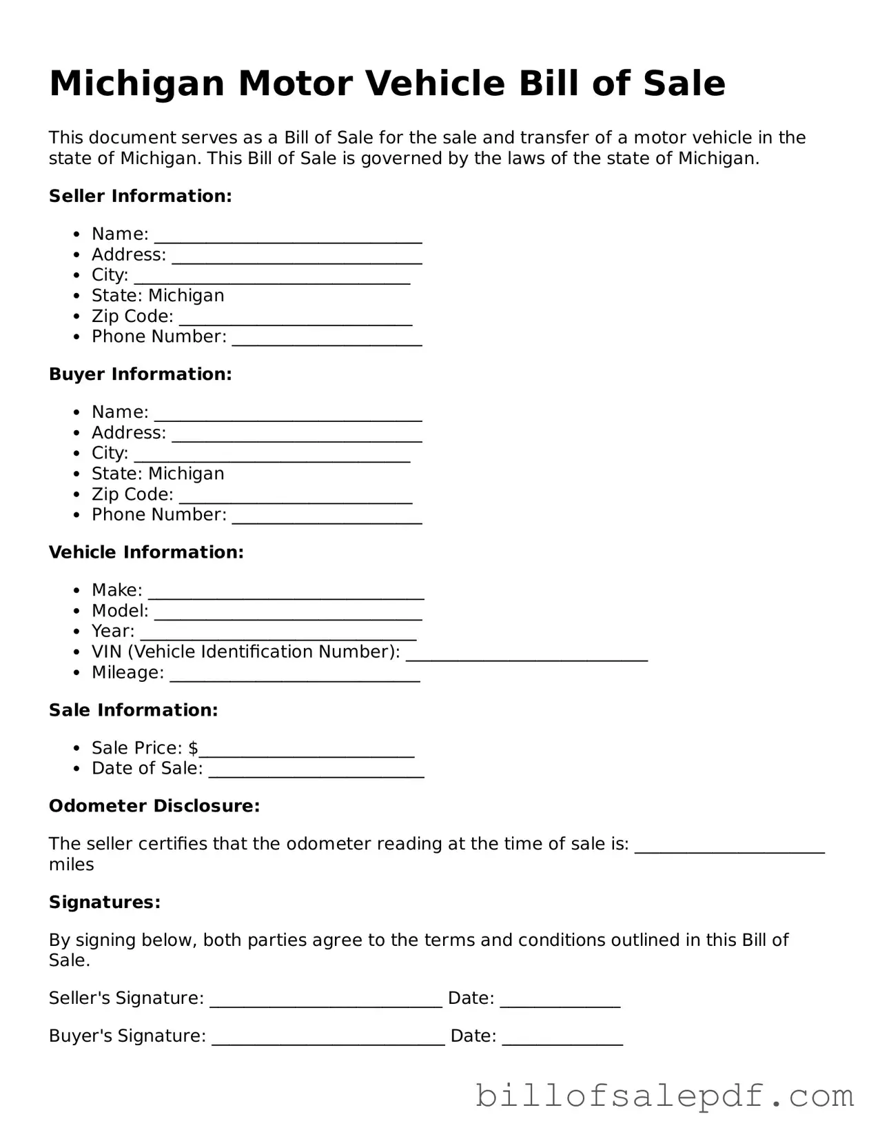 Legal Michigan Motor Vehicle Bill of Sale Form