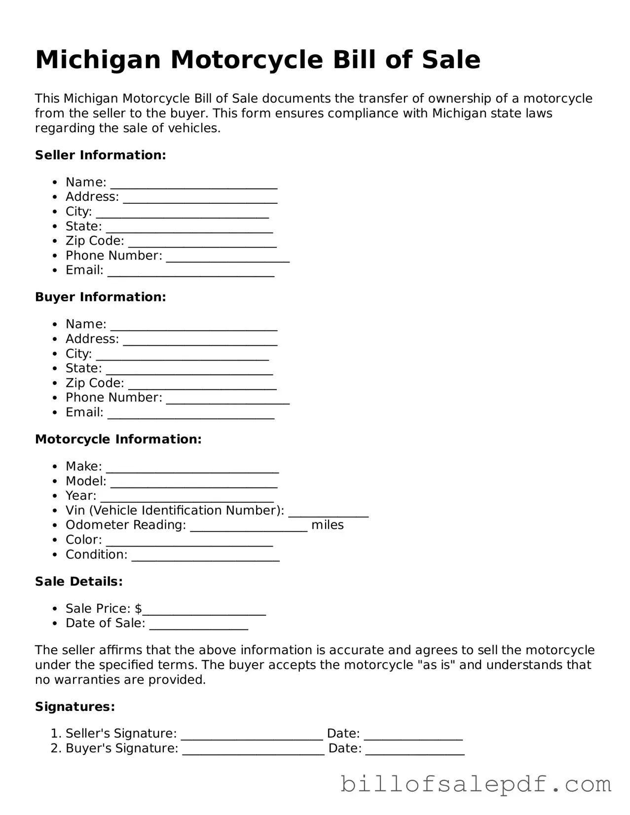 Legal Michigan Motorcycle Bill of Sale Form
