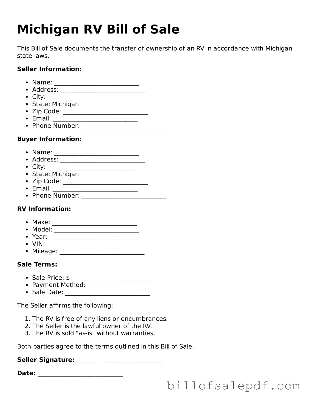 Legal Michigan RV Bill of Sale Form