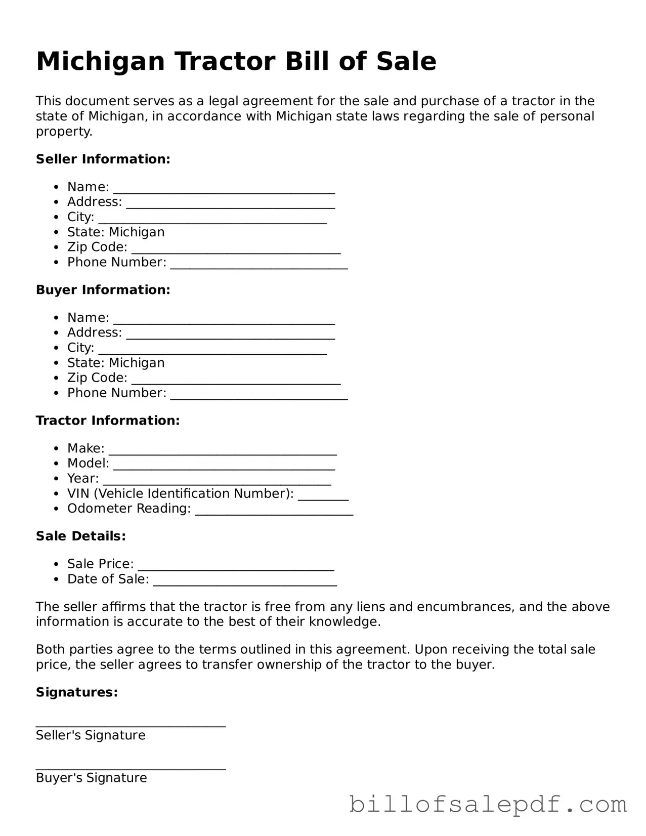 Legal Michigan Tractor Bill of Sale Form