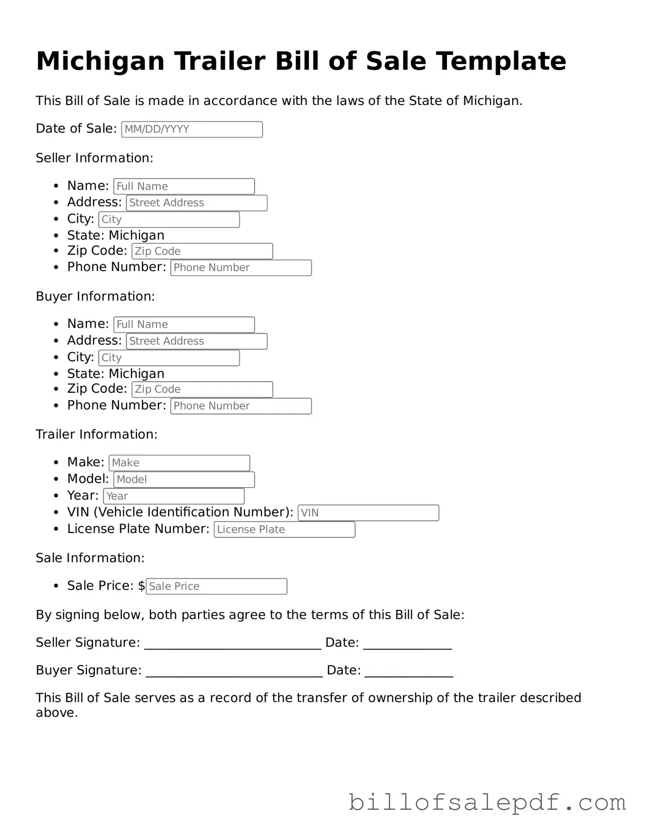 Legal Michigan Trailer Bill of Sale Form
