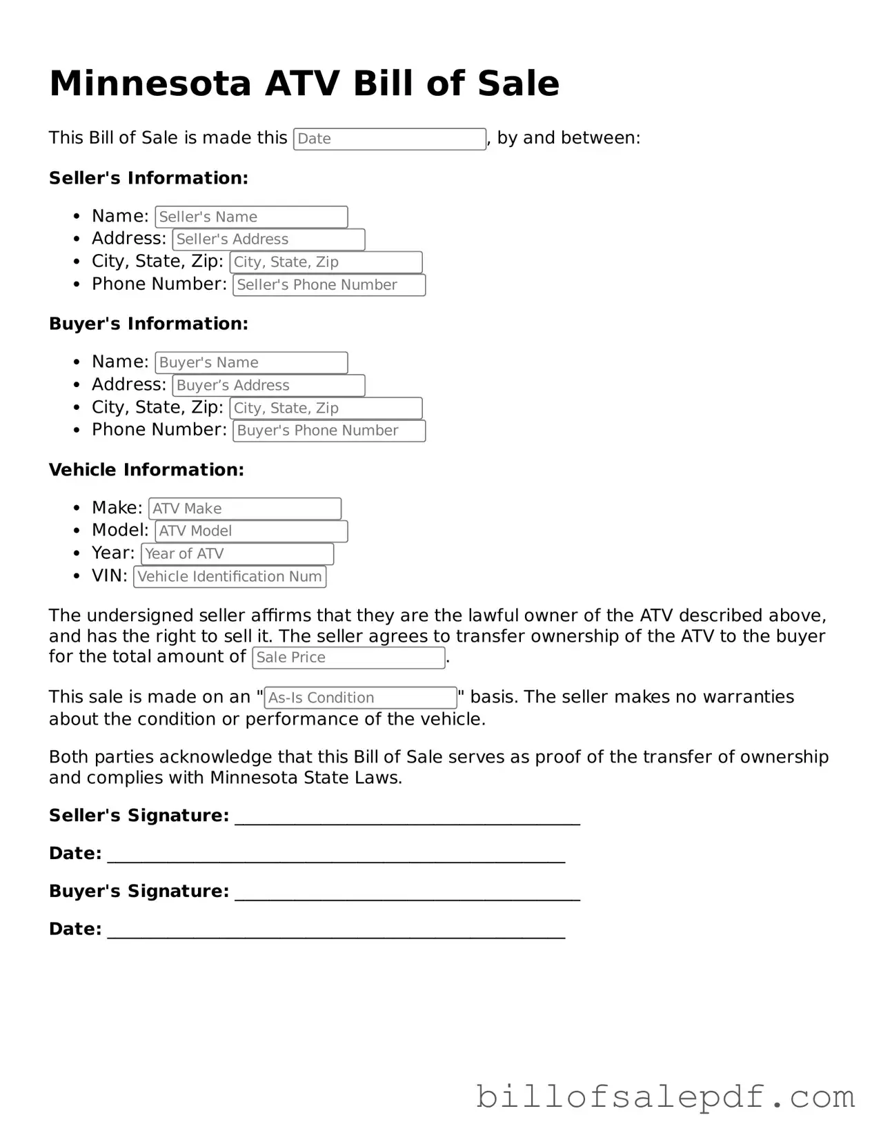 Legal Minnesota ATV Bill of Sale Form