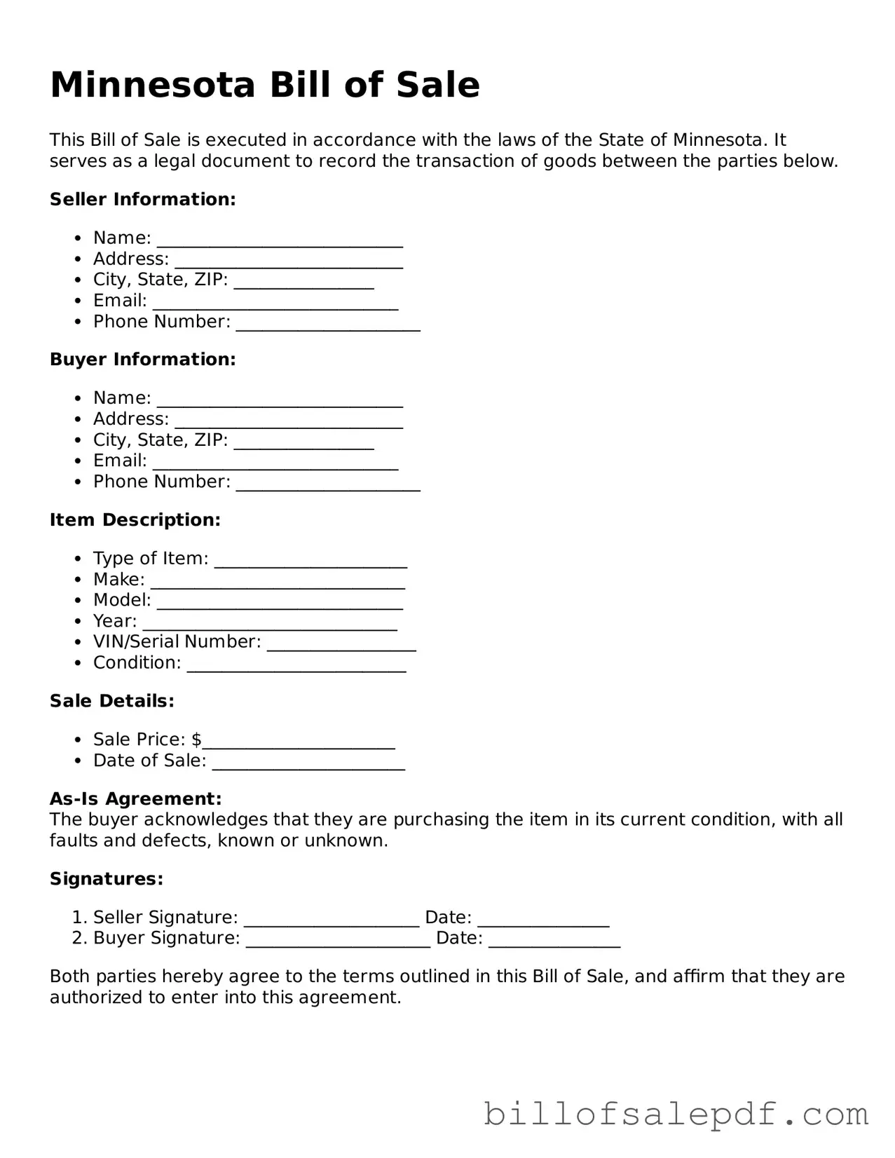 Legal Minnesota Bill of Sale Form