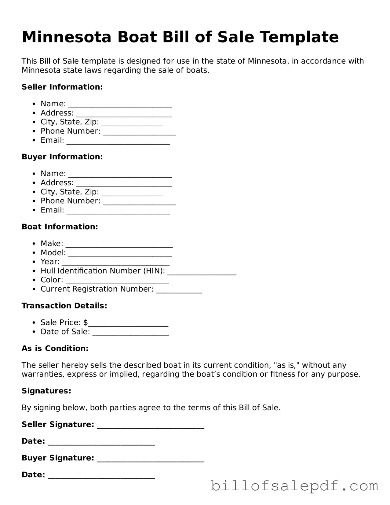 Legal Minnesota Boat Bill of Sale Form