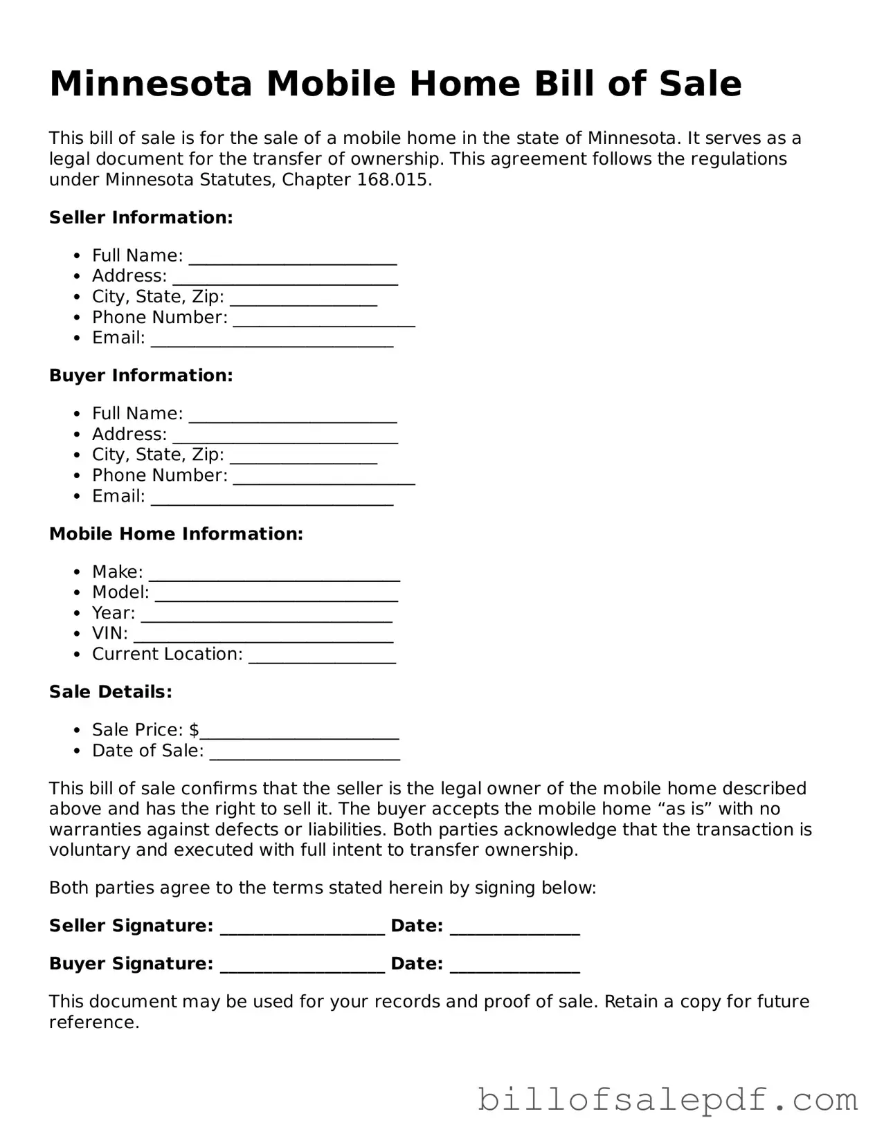 Legal Minnesota Mobile Home Bill of Sale Form