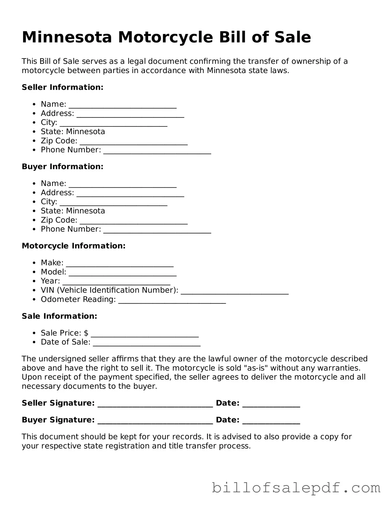 Legal Minnesota Motorcycle Bill of Sale Form