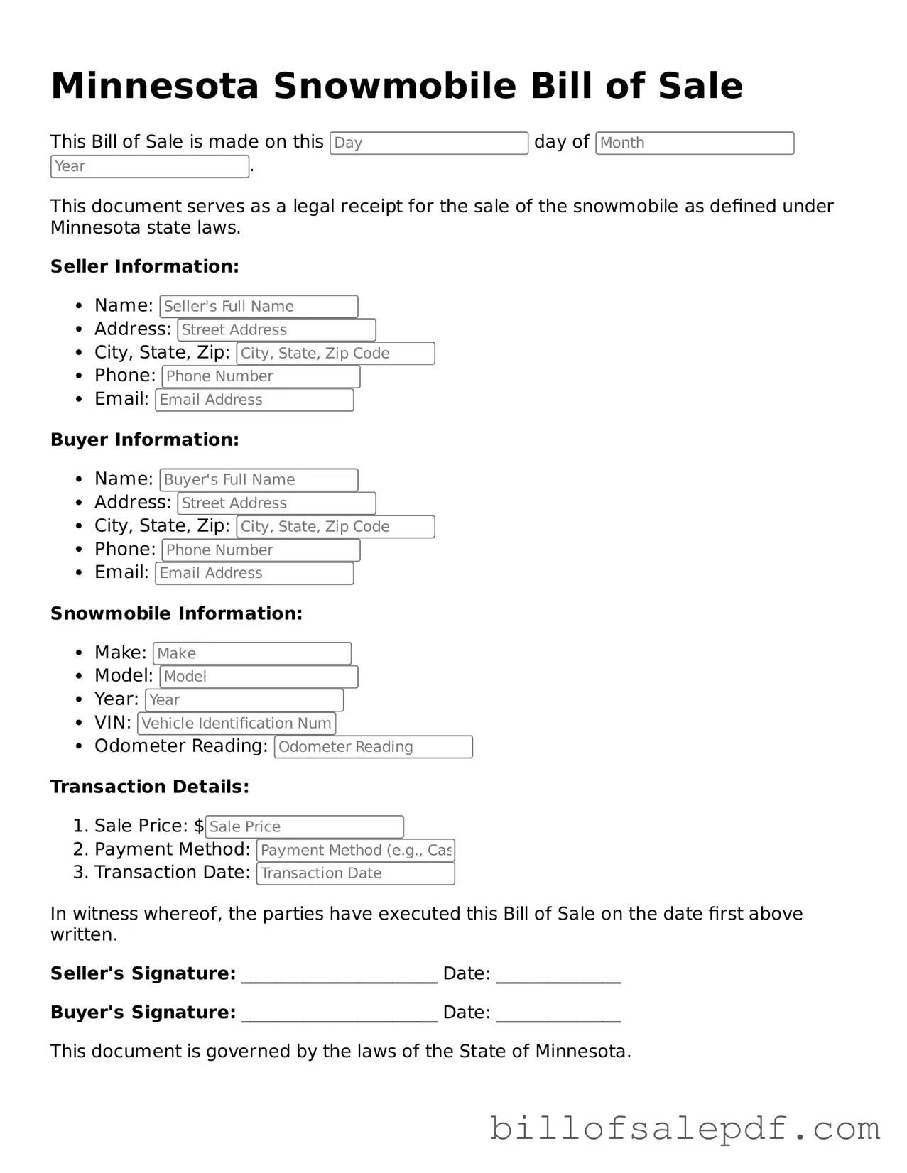Legal Minnesota Snowmobile Bill of Sale Form