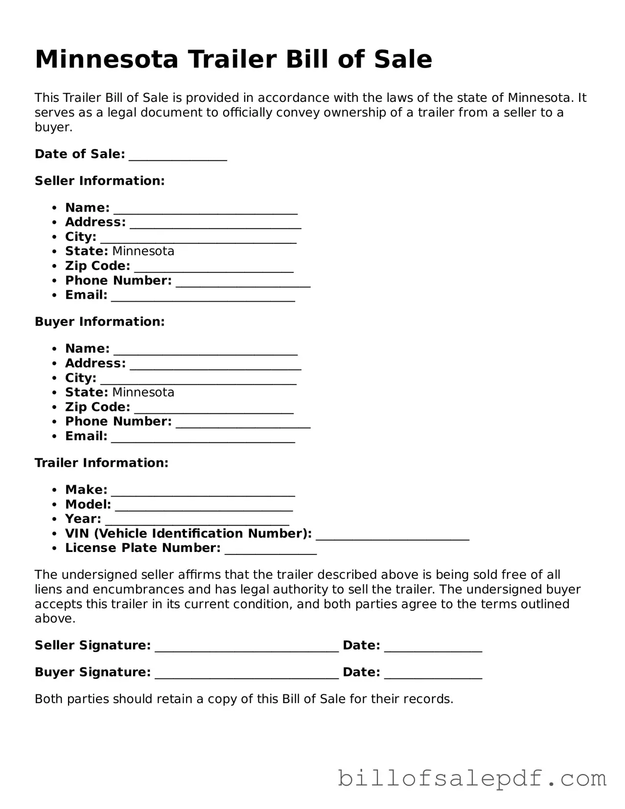 Legal Minnesota Trailer Bill of Sale Form