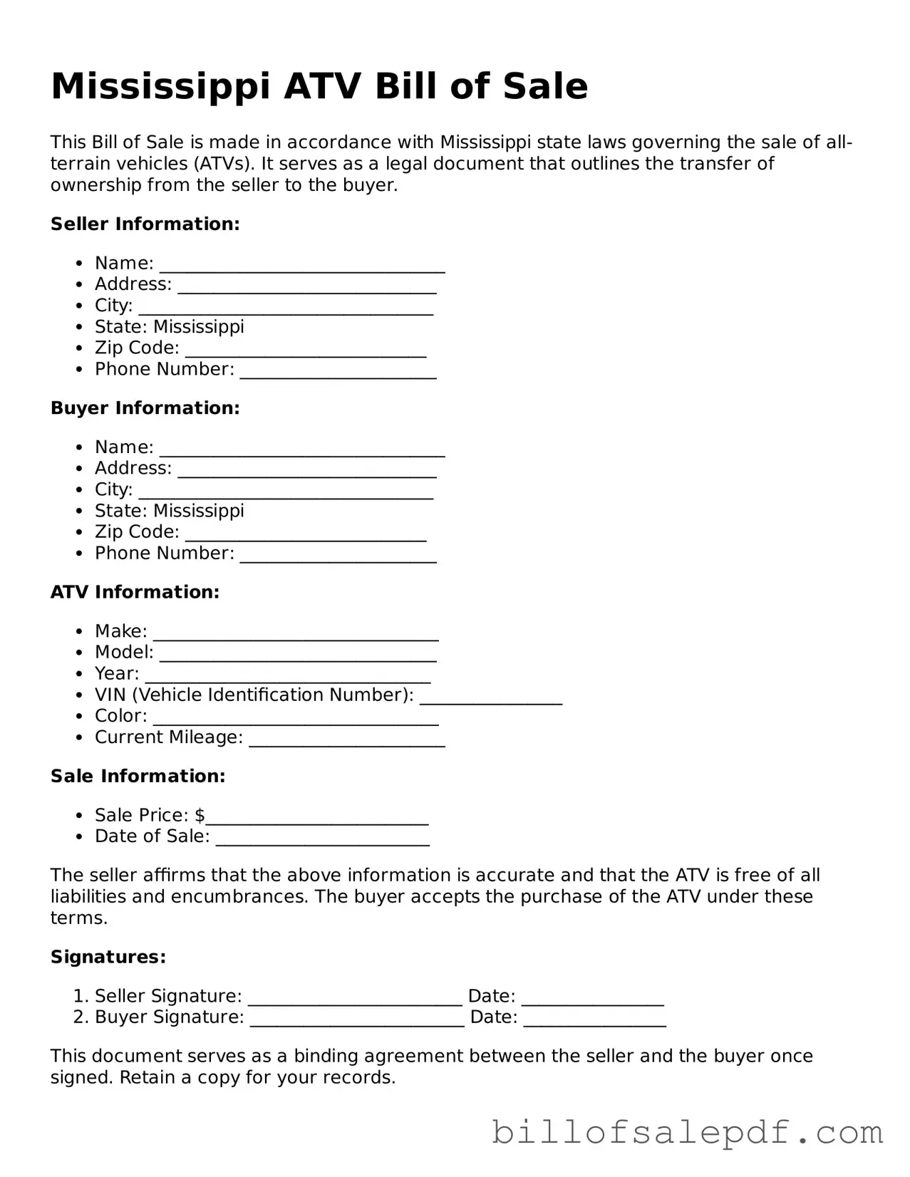 Legal Mississippi ATV Bill of Sale Form