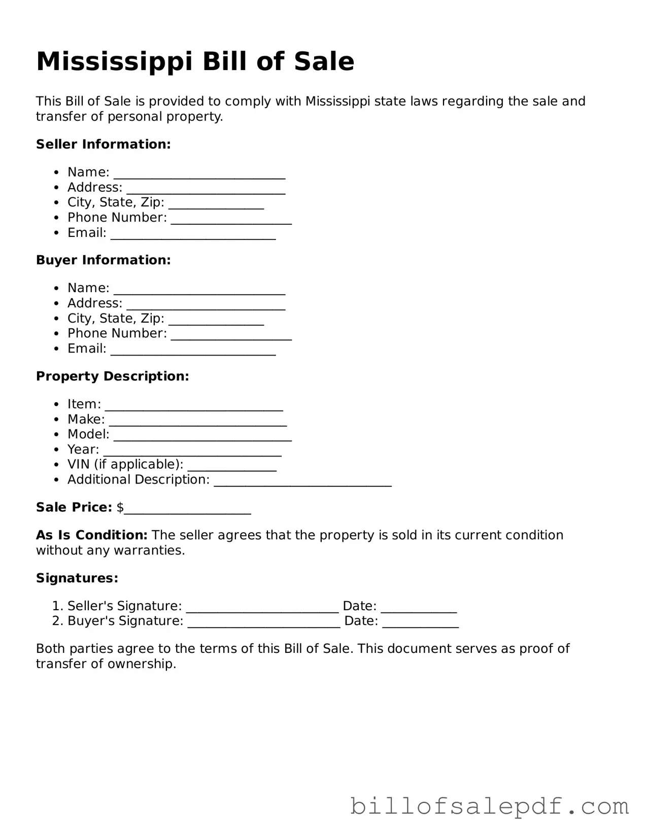 Legal Mississippi Bill of Sale Form