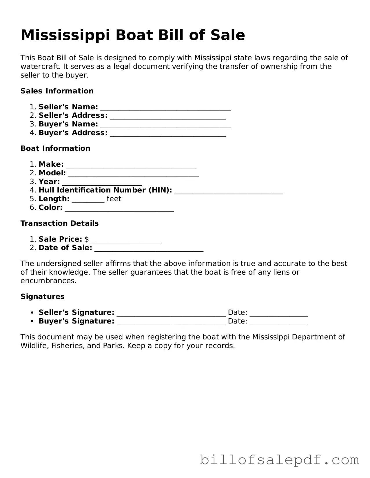 Legal Mississippi Boat Bill of Sale Form