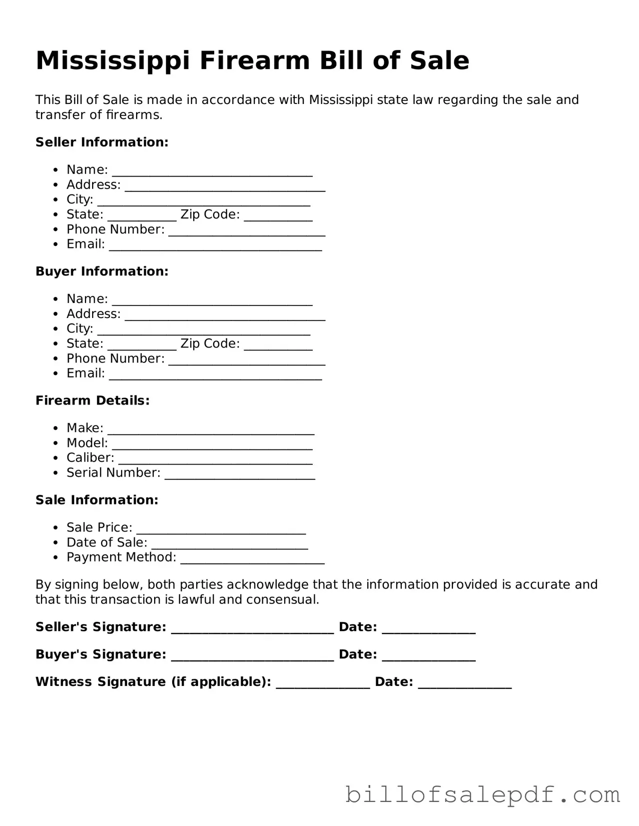 Legal Mississippi Firearm Bill of Sale Form