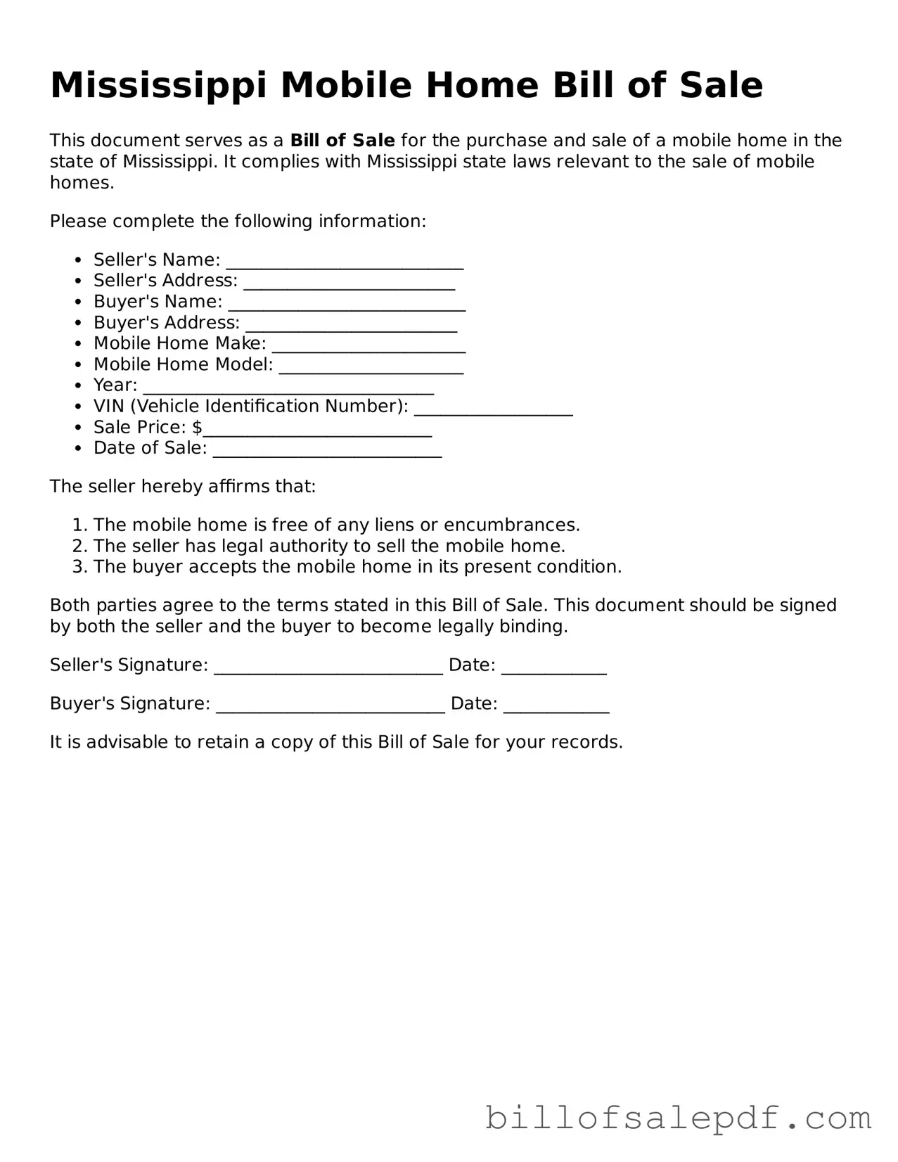 Legal Mississippi Mobile Home Bill of Sale Form