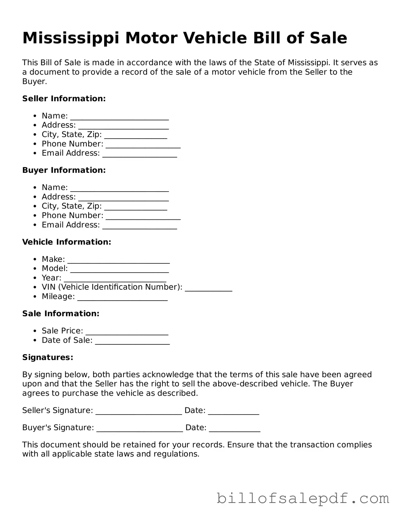 Legal Mississippi Motor Vehicle Bill of Sale Form