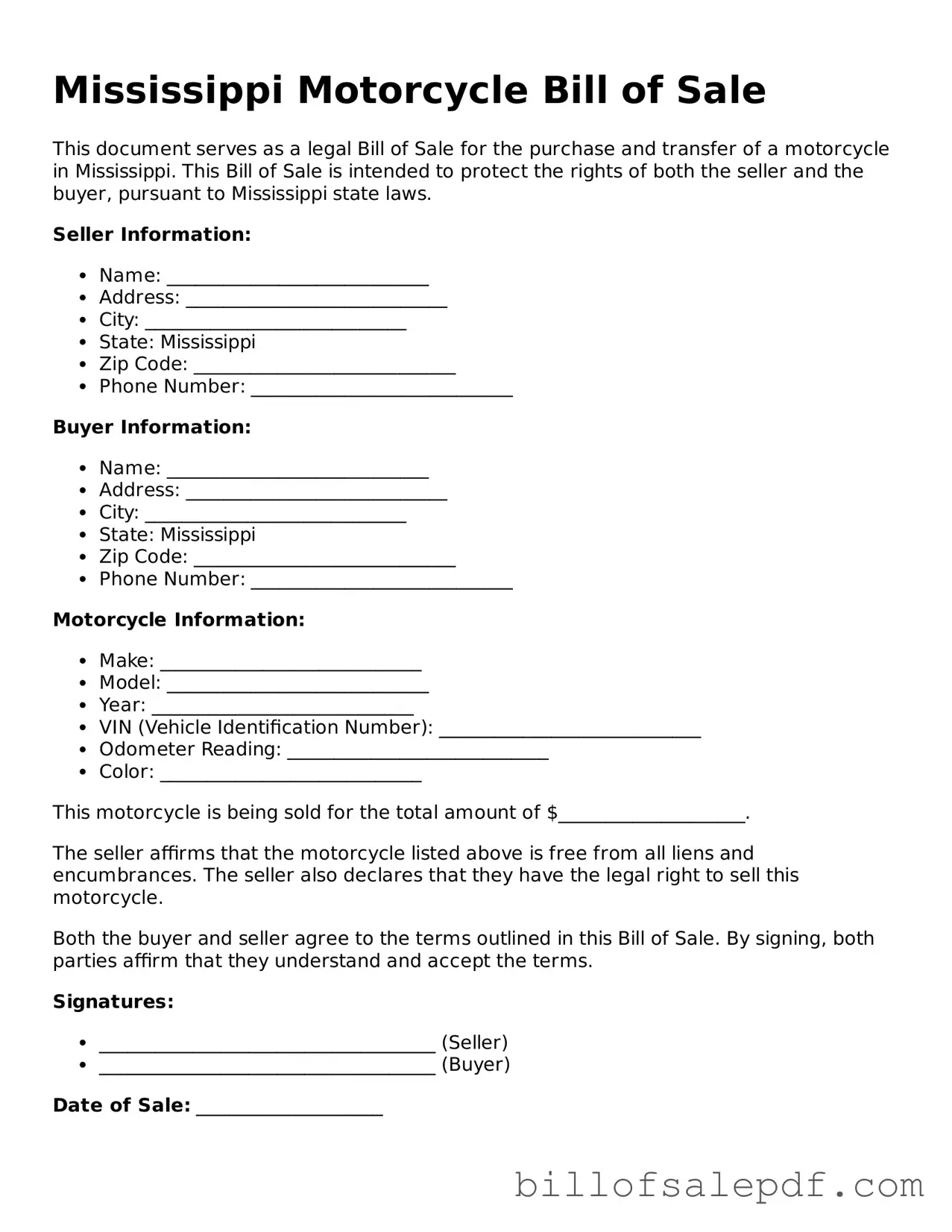 Legal Mississippi Motorcycle Bill of Sale Form