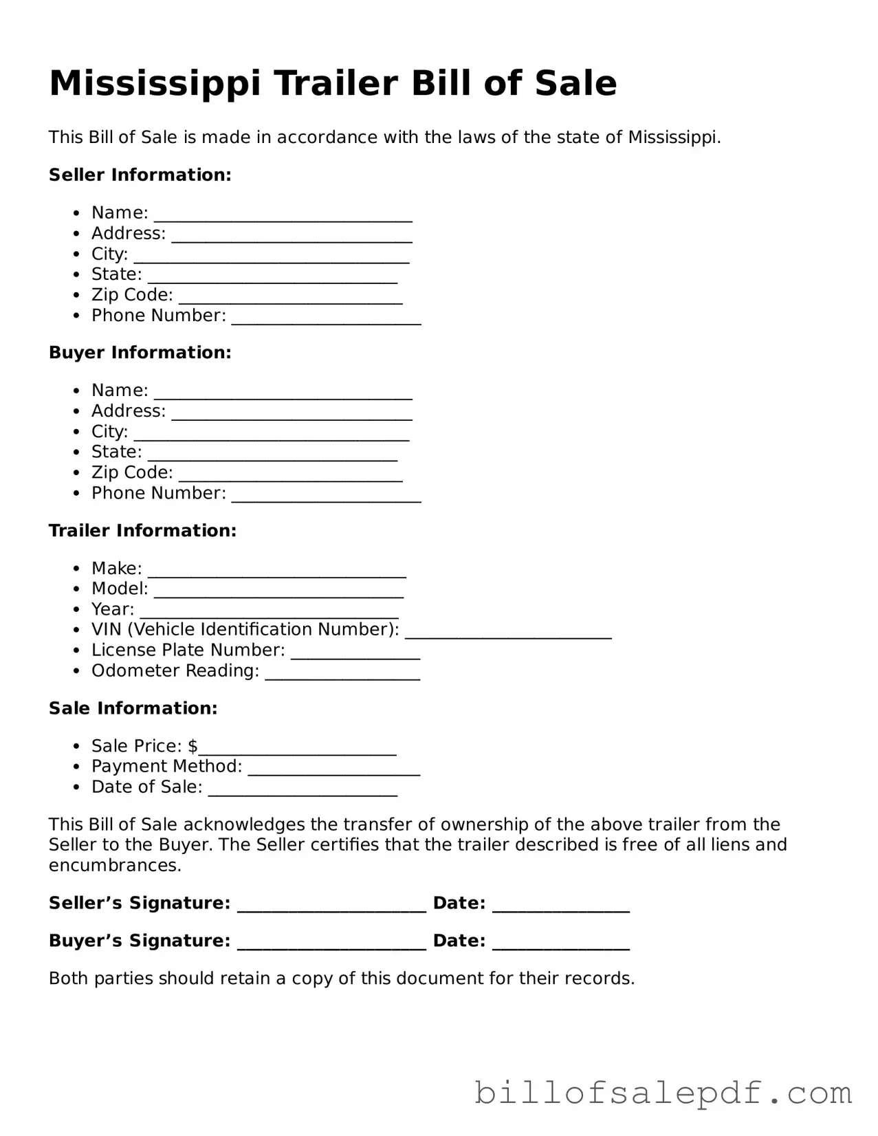 Legal Mississippi Trailer Bill of Sale Form