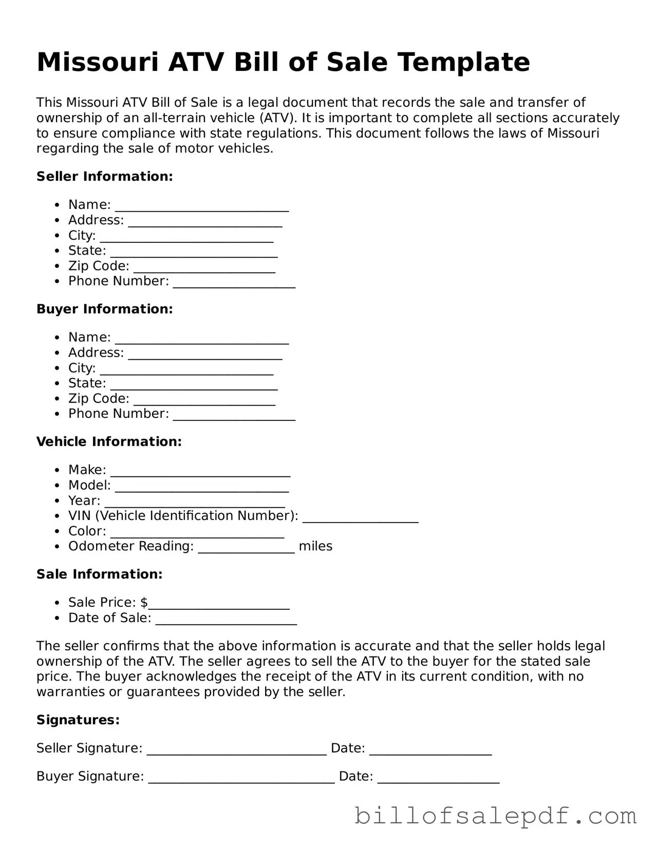 Legal Missouri ATV Bill of Sale Form