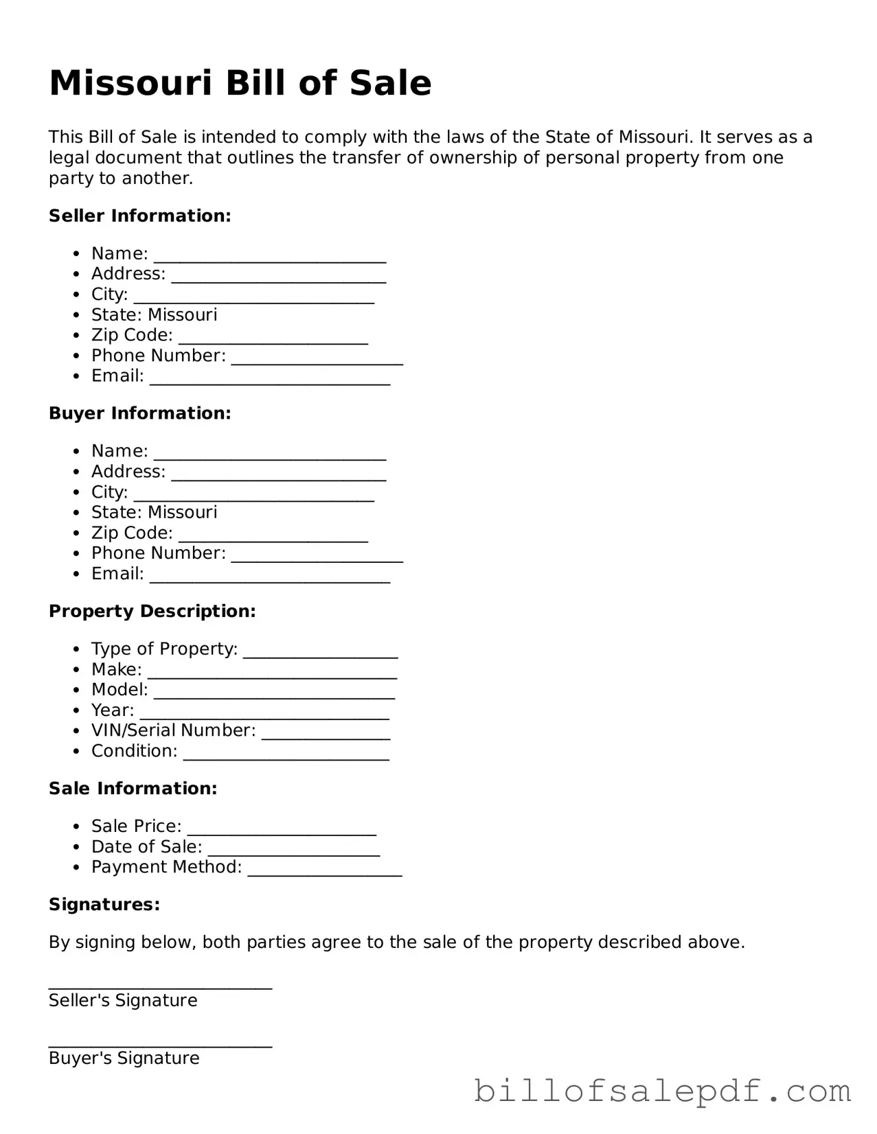 Legal Missouri Bill of Sale Form