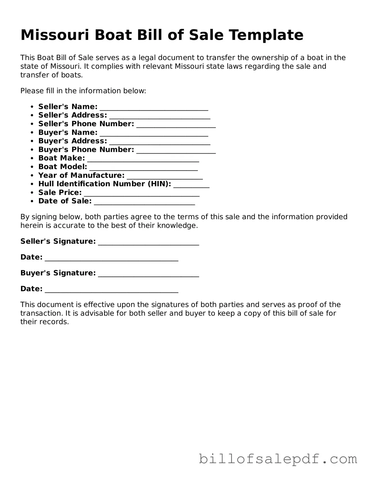 Legal Missouri Boat Bill of Sale Form