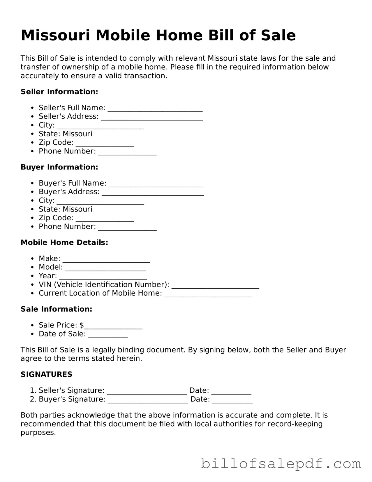Legal Missouri Mobile Home Bill of Sale Form