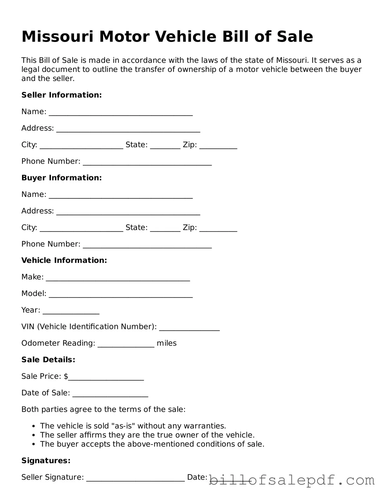 Legal Missouri Motor Vehicle Bill of Sale Form