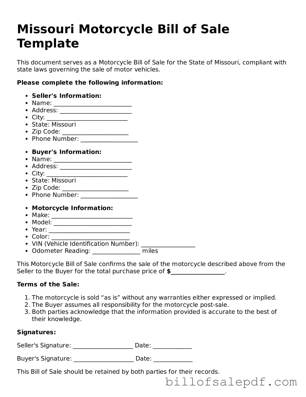 Legal Missouri Motorcycle Bill of Sale Form