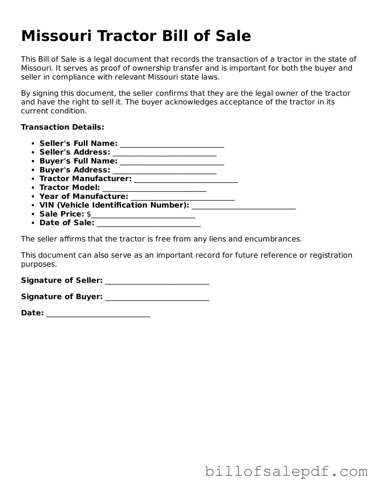 Legal Missouri Tractor Bill of Sale Form