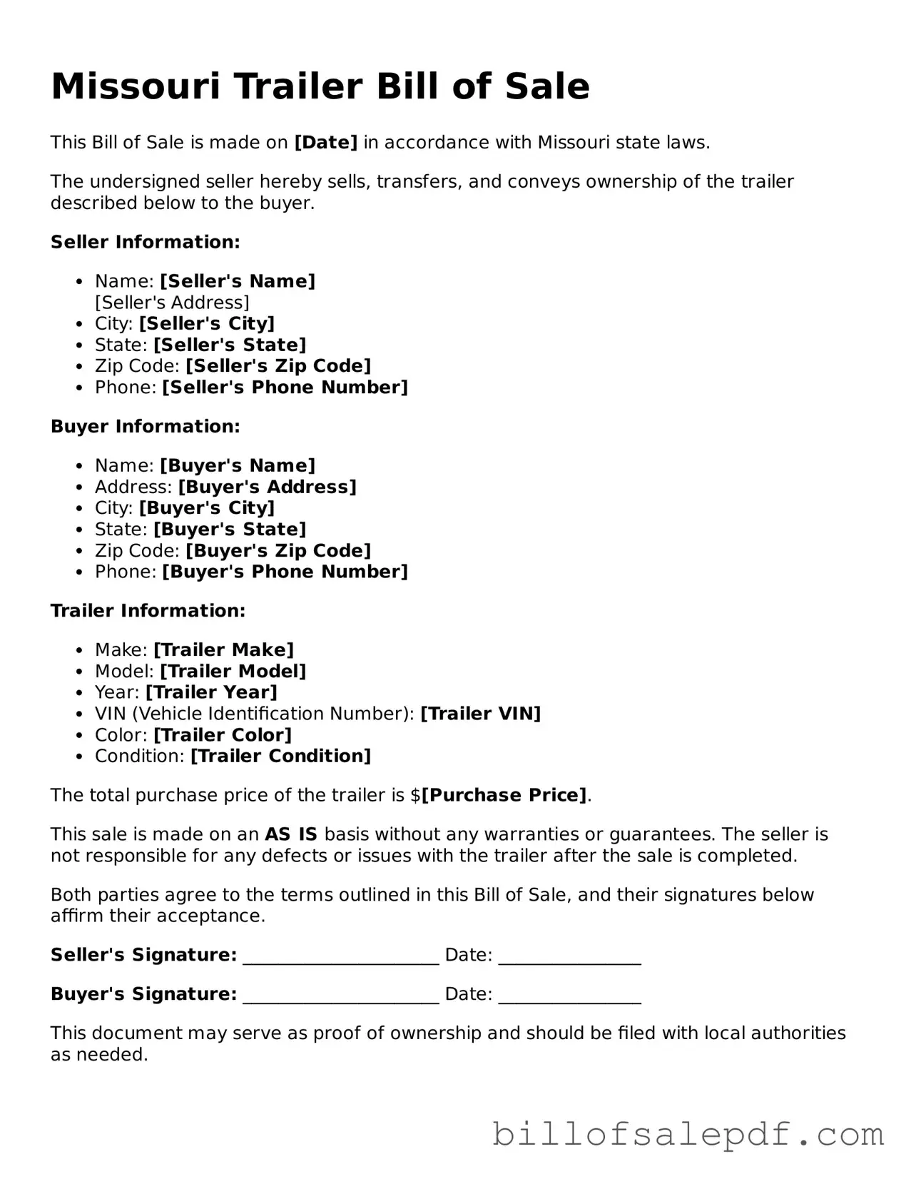 Legal Missouri Trailer Bill of Sale Form