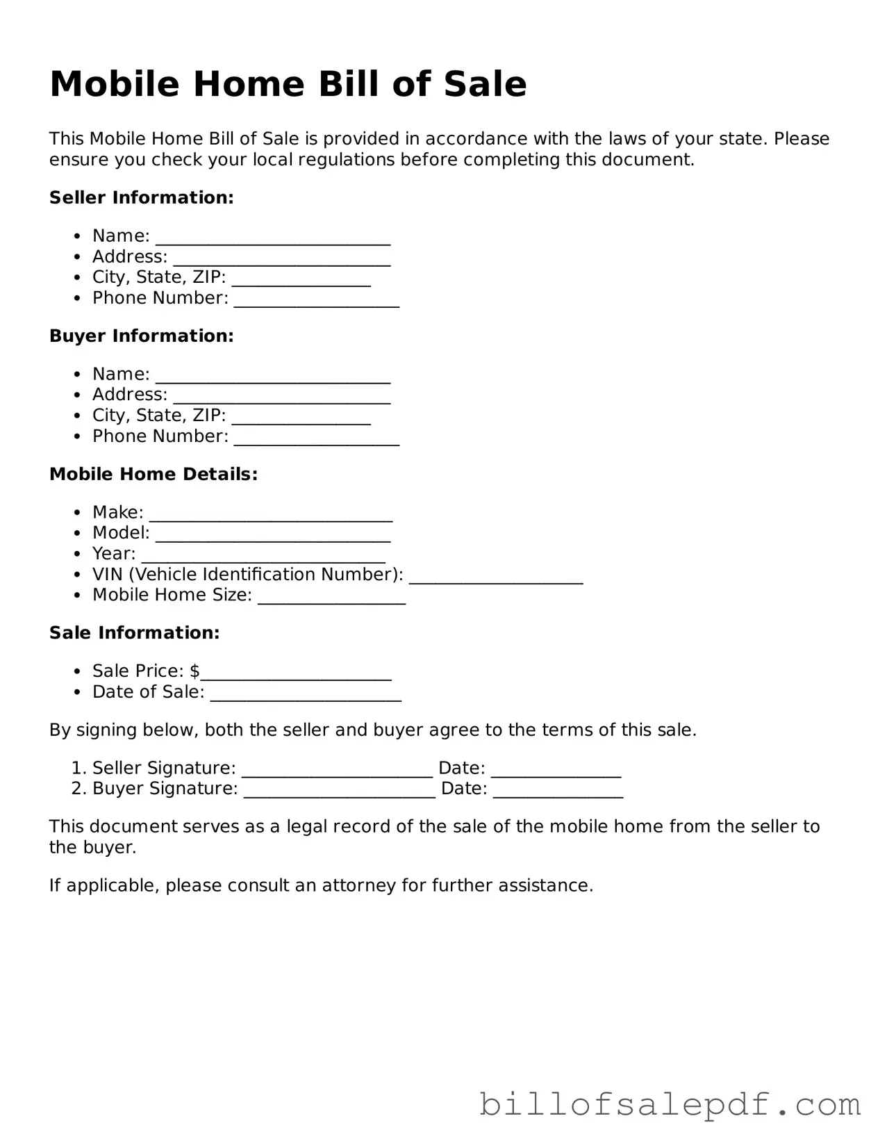 Fillable Mobile Home Bill of Sale Document