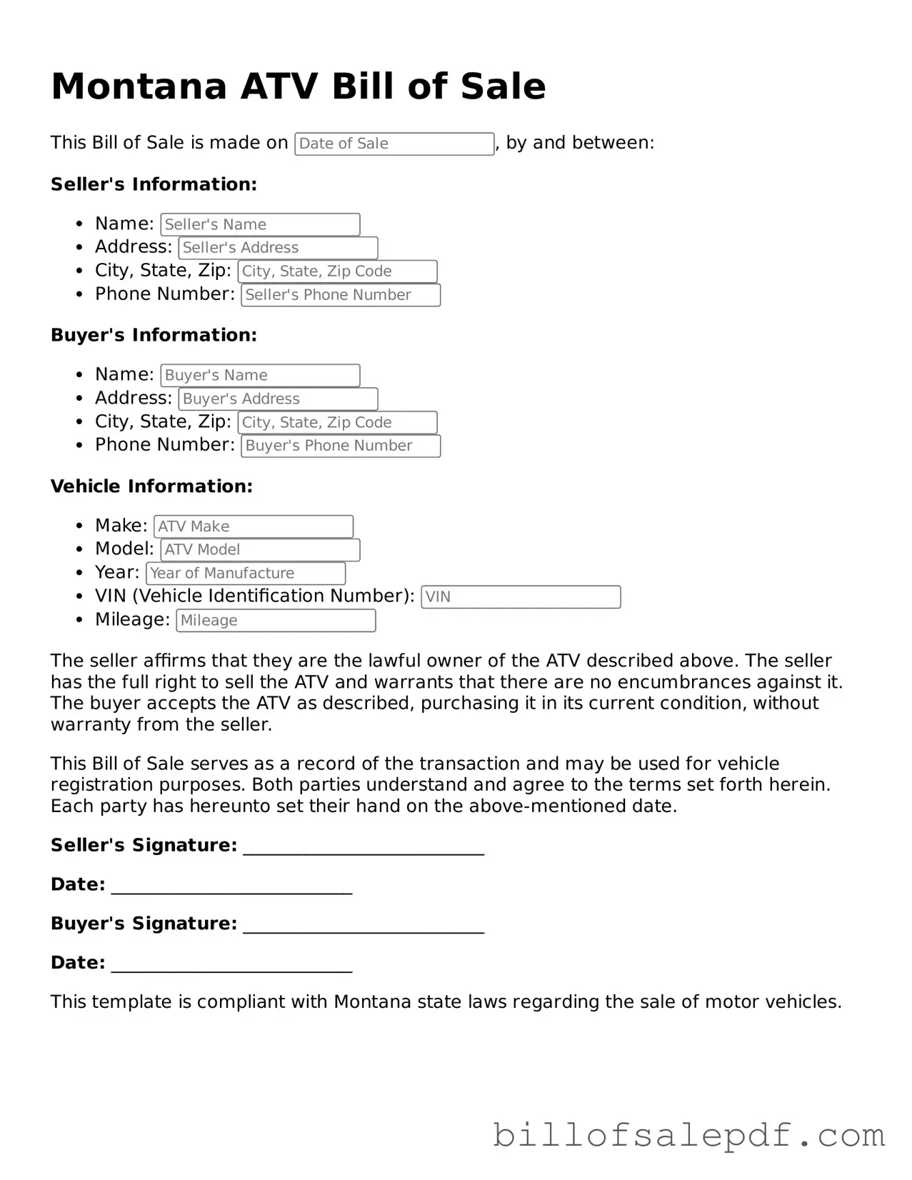 Legal Montana ATV Bill of Sale Form