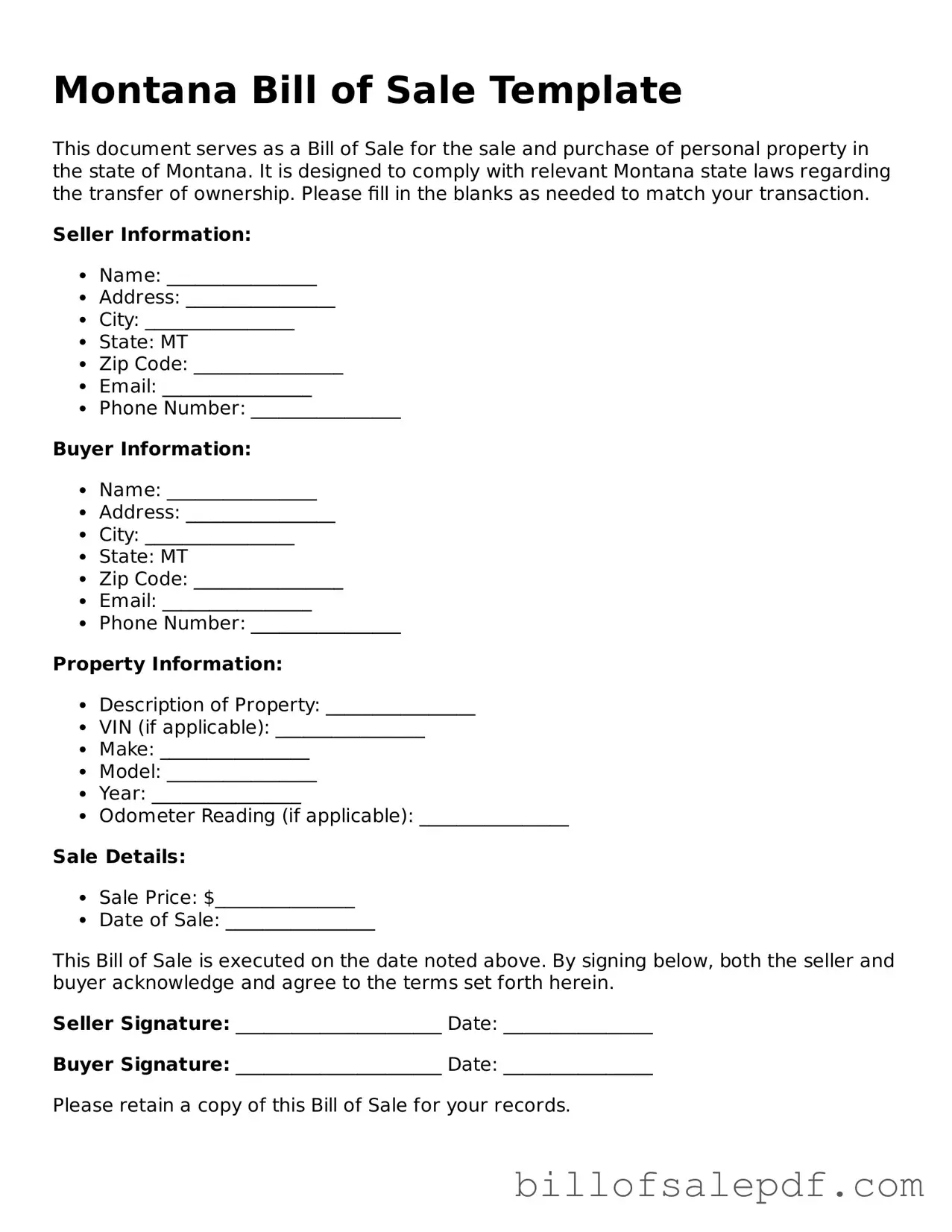 Legal Montana Bill of Sale Form