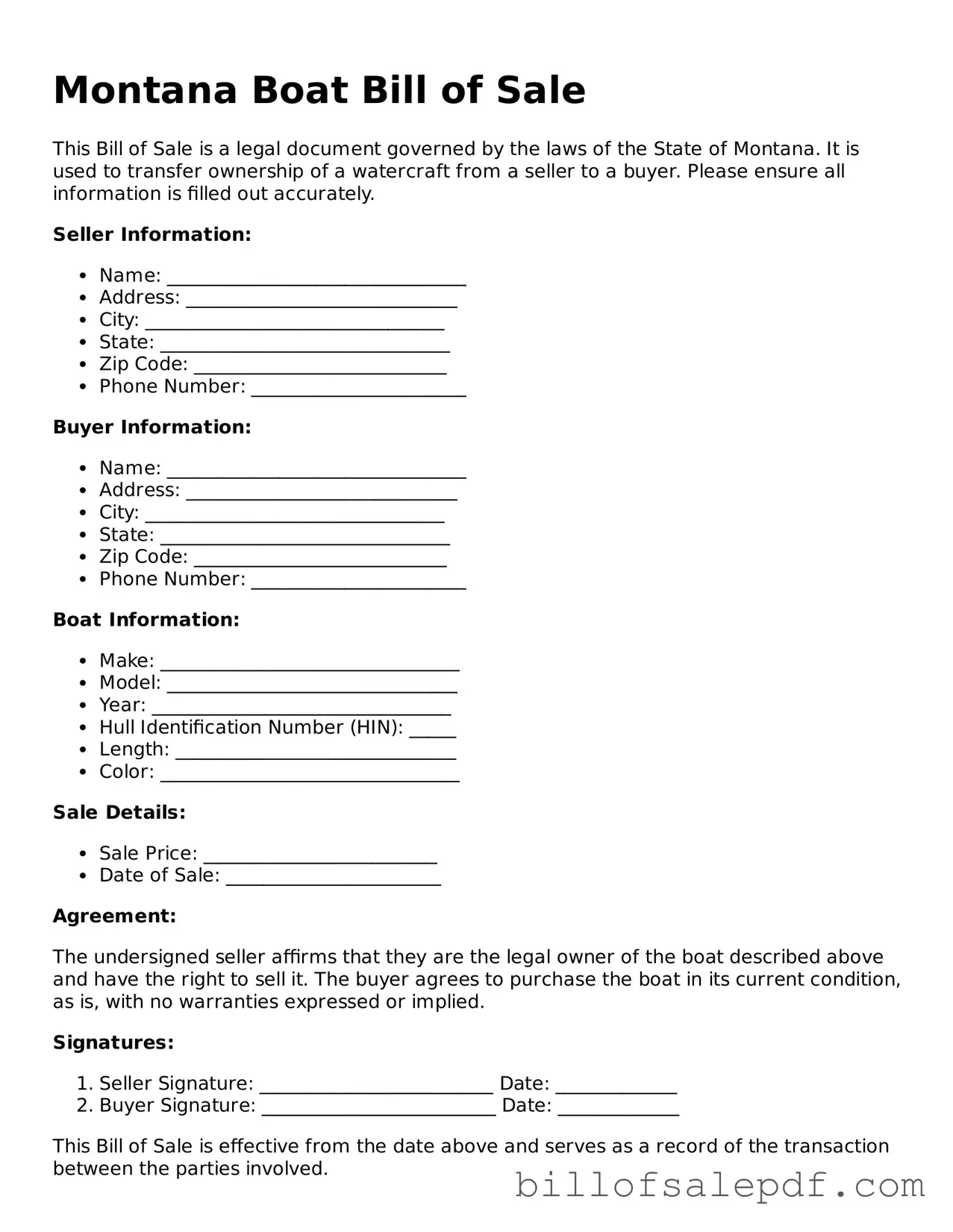 Legal Montana Boat Bill of Sale Form