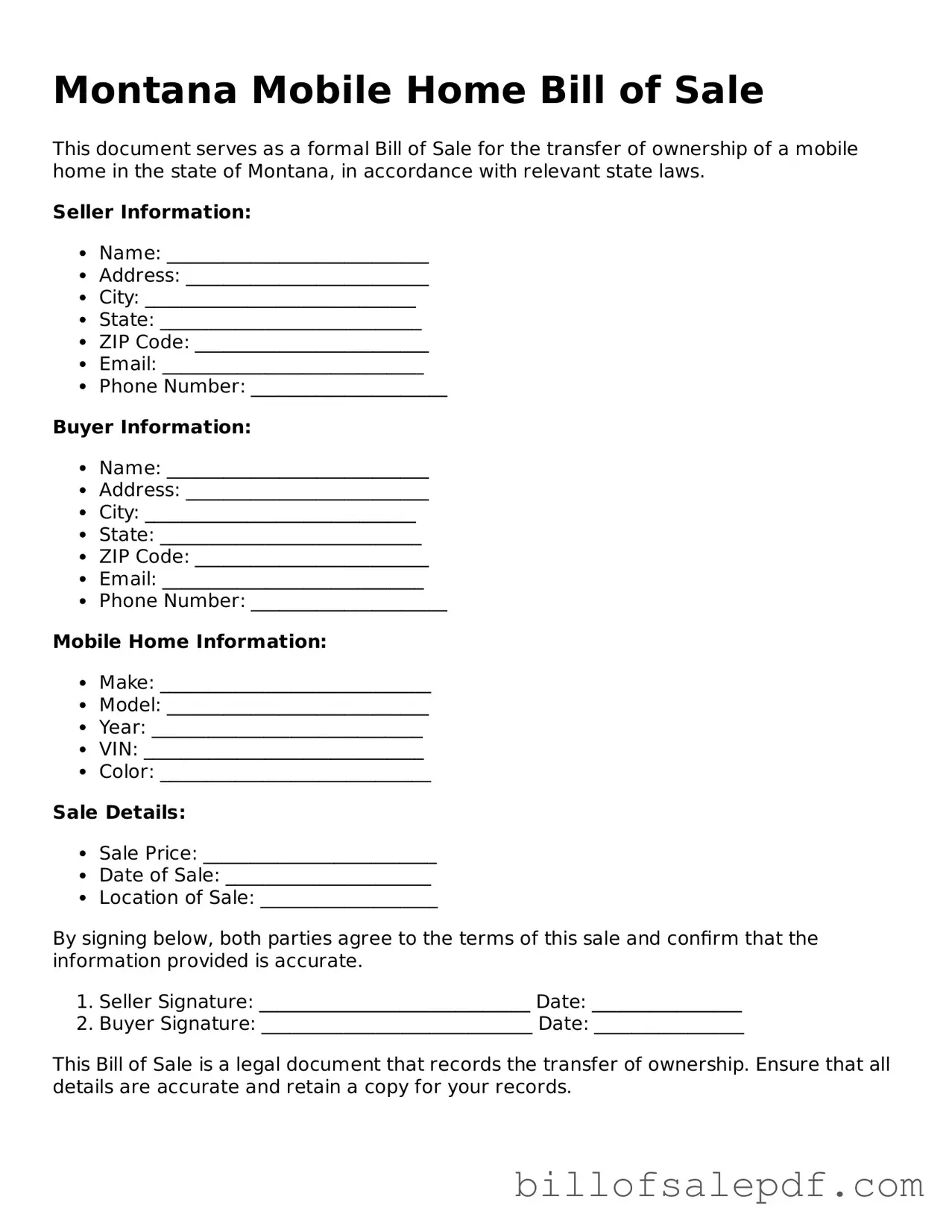 Legal Montana Mobile Home Bill of Sale Form