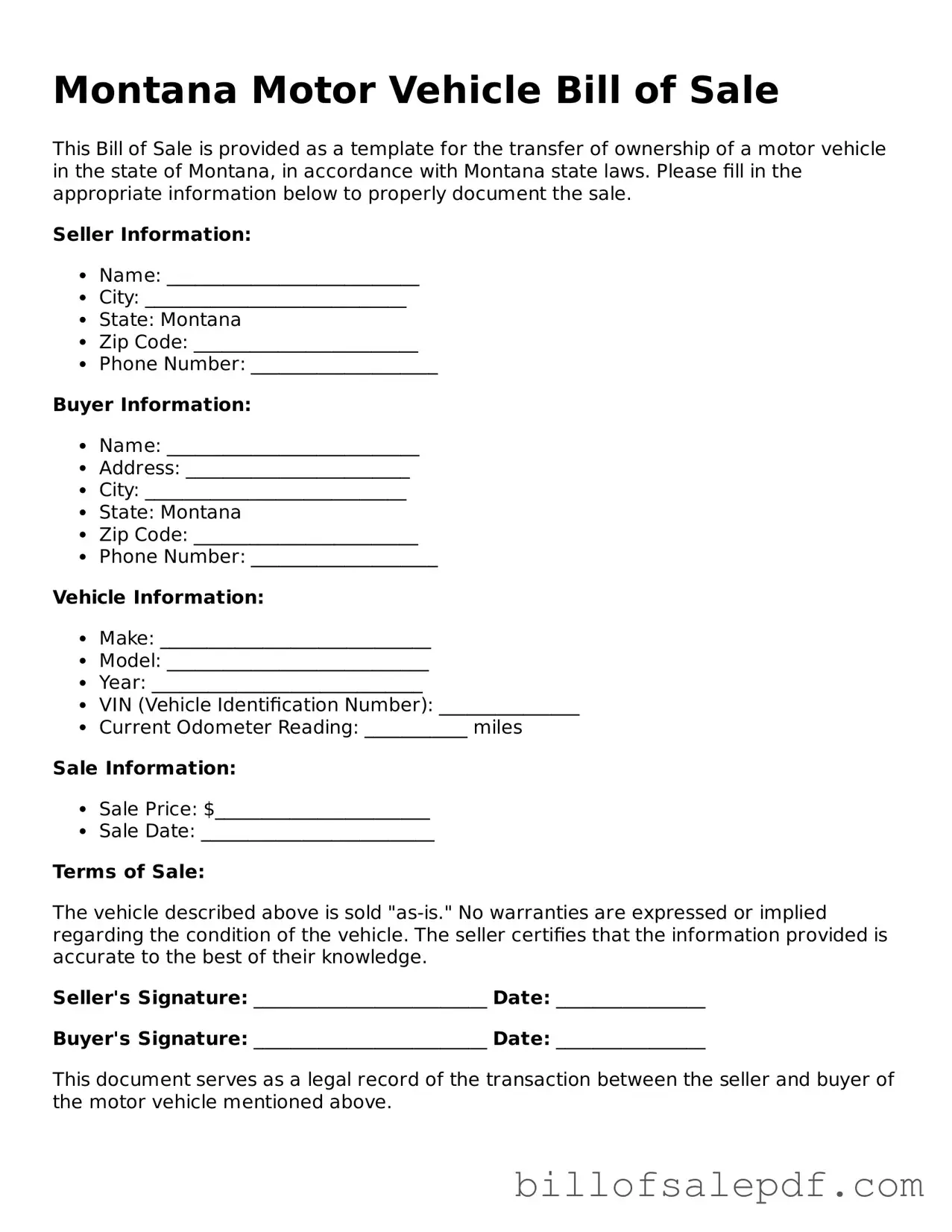 Legal Montana Motor Vehicle Bill of Sale Form