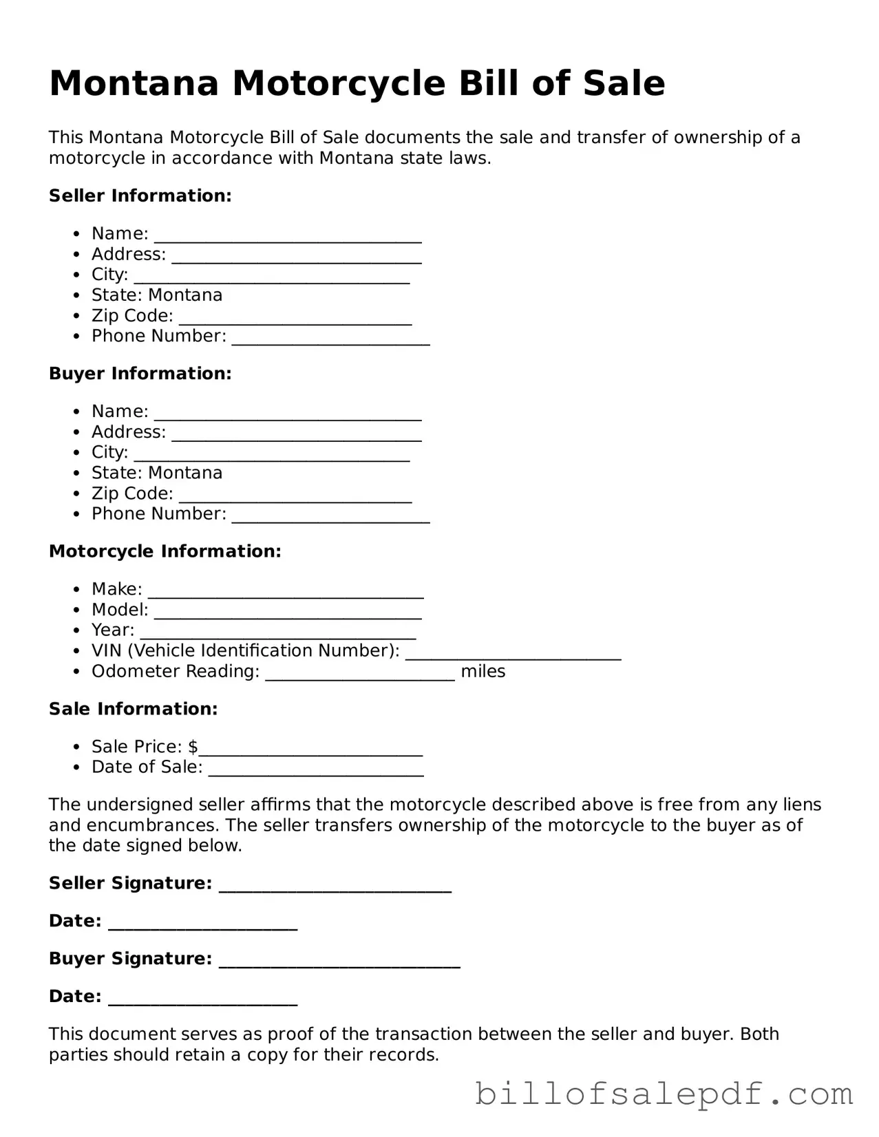 Legal Montana Motorcycle Bill of Sale Form