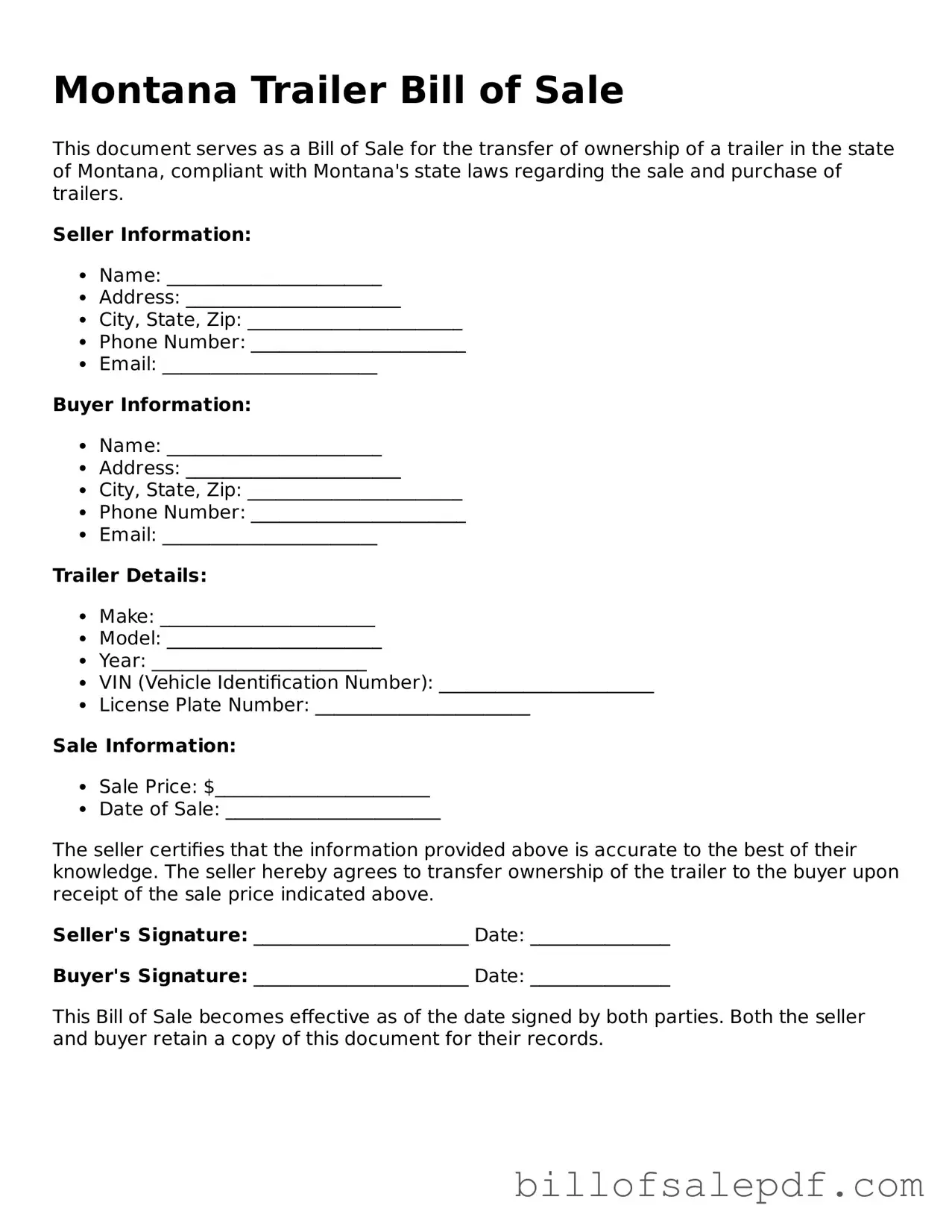 Legal Montana Trailer Bill of Sale Form