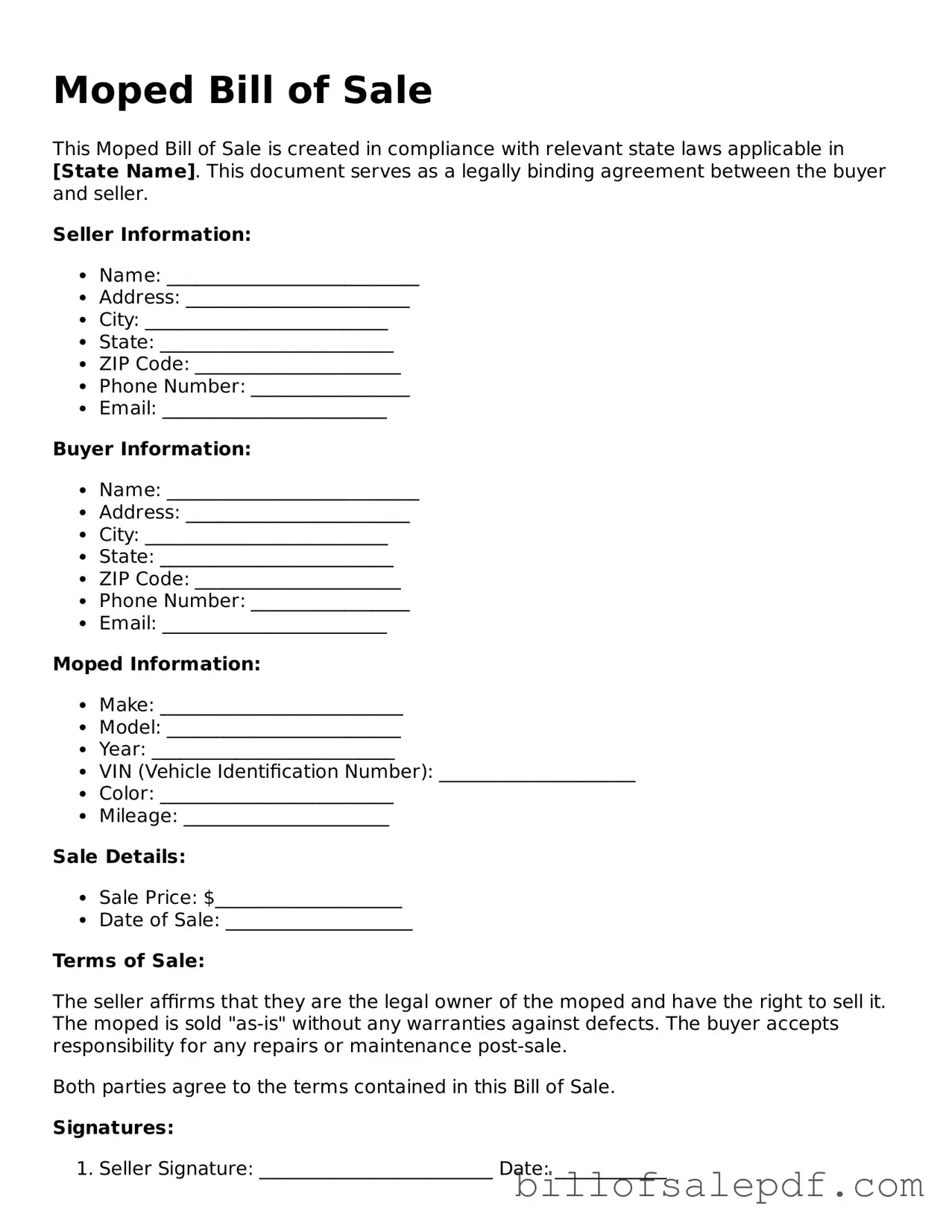 Fillable Moped Bill of Sale Document