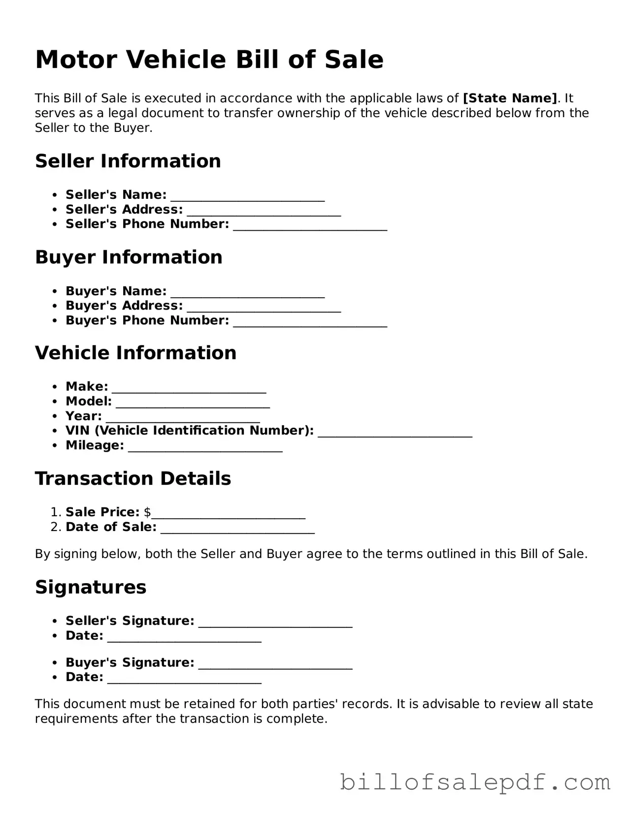 Fillable Motor Vehicle Bill of Sale Document