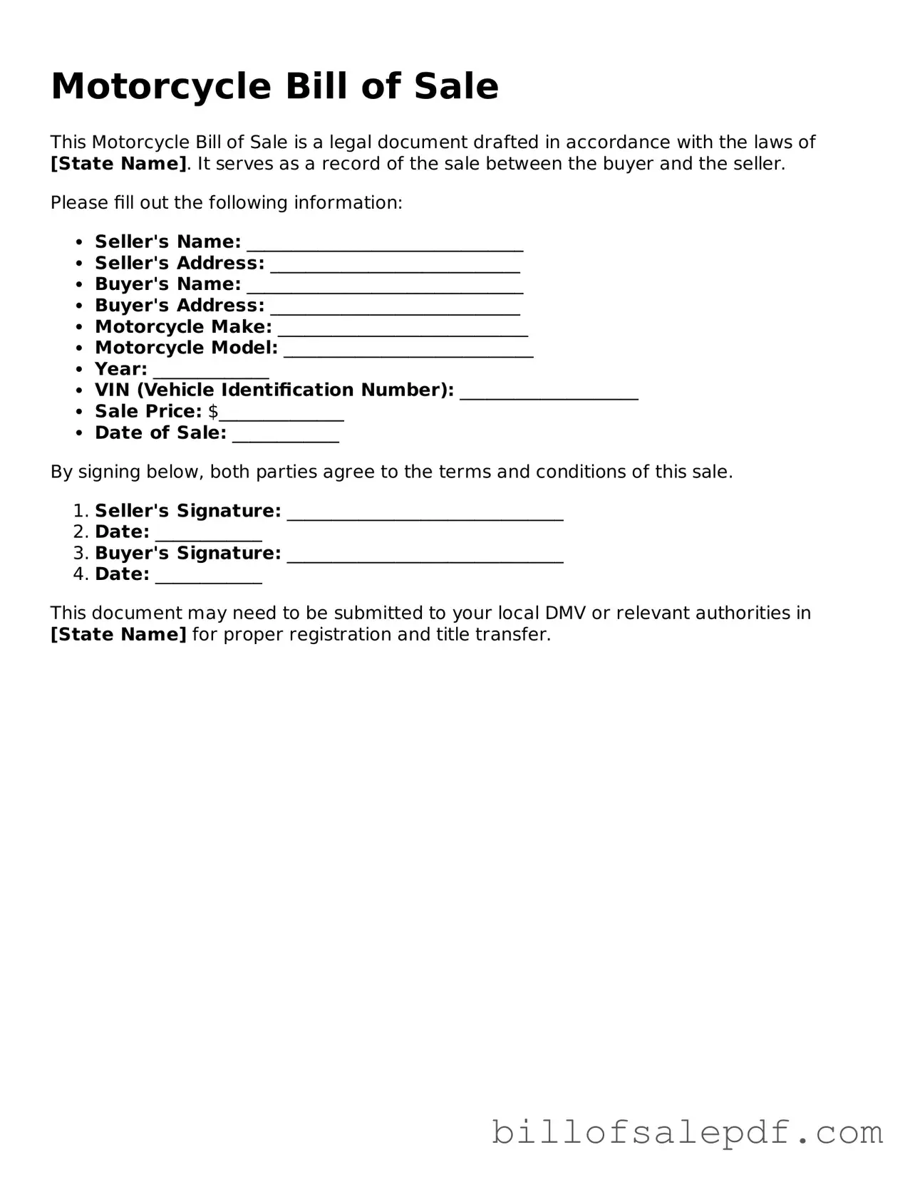 Fillable Motorcycle Bill of Sale Document