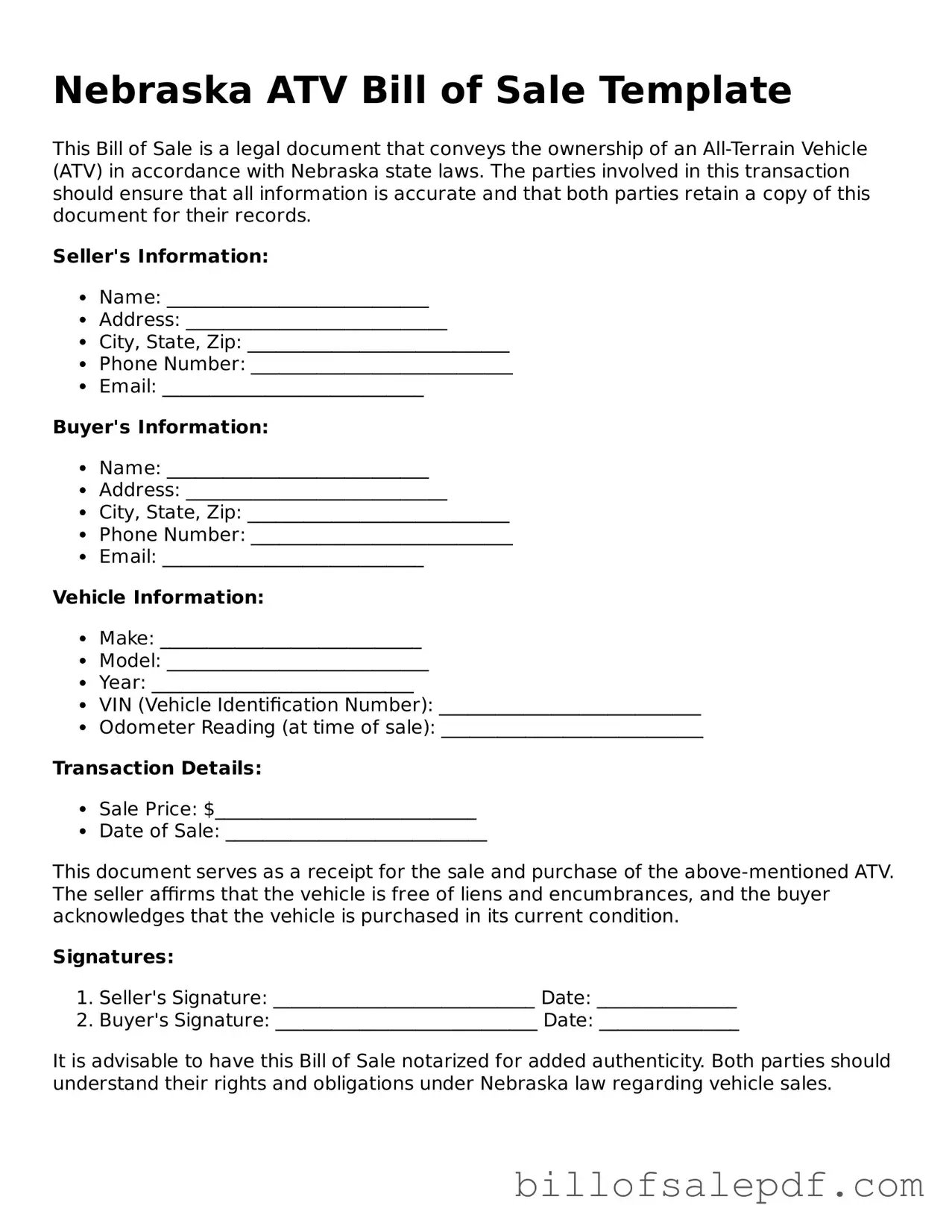 Legal Nebraska ATV Bill of Sale Form