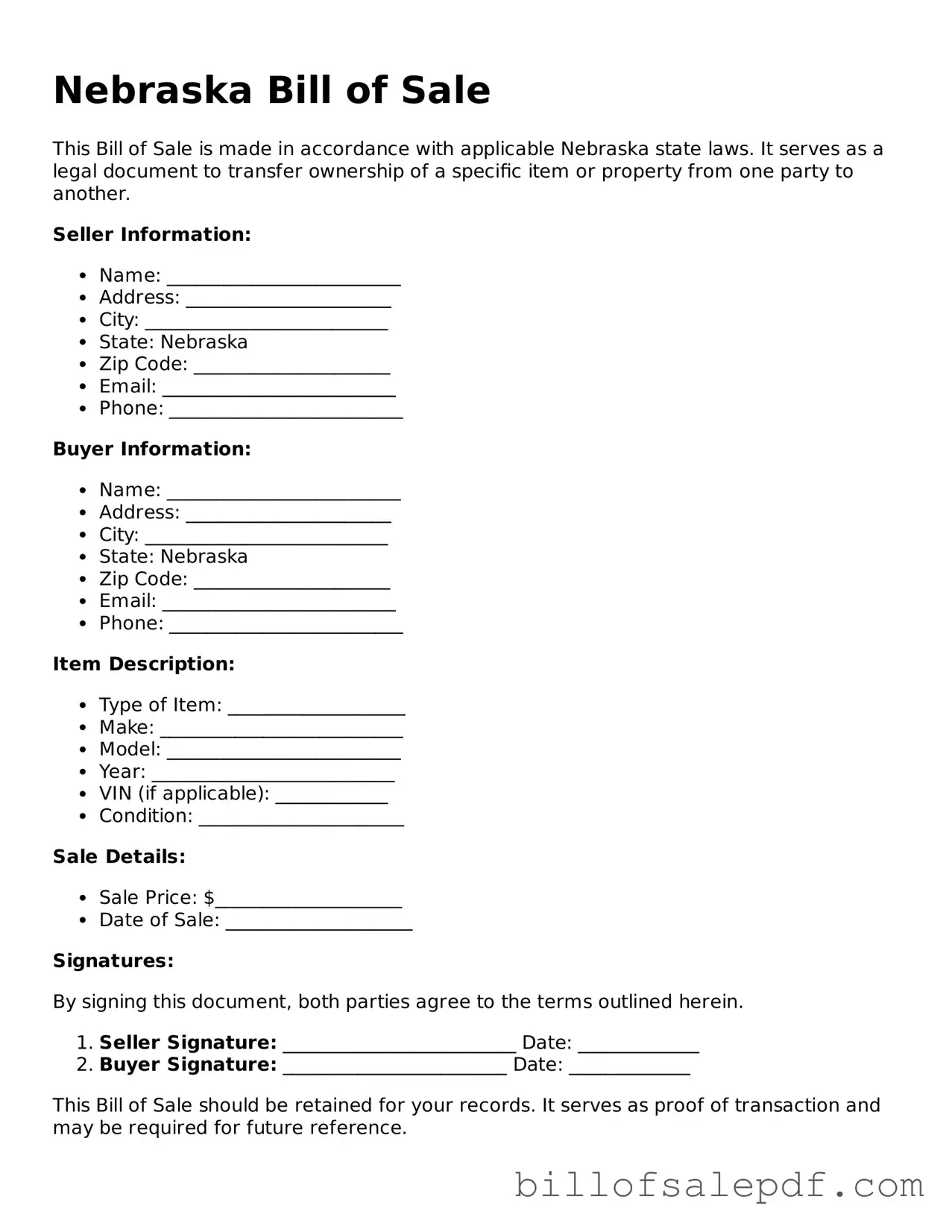 Legal Nebraska Bill of Sale Form