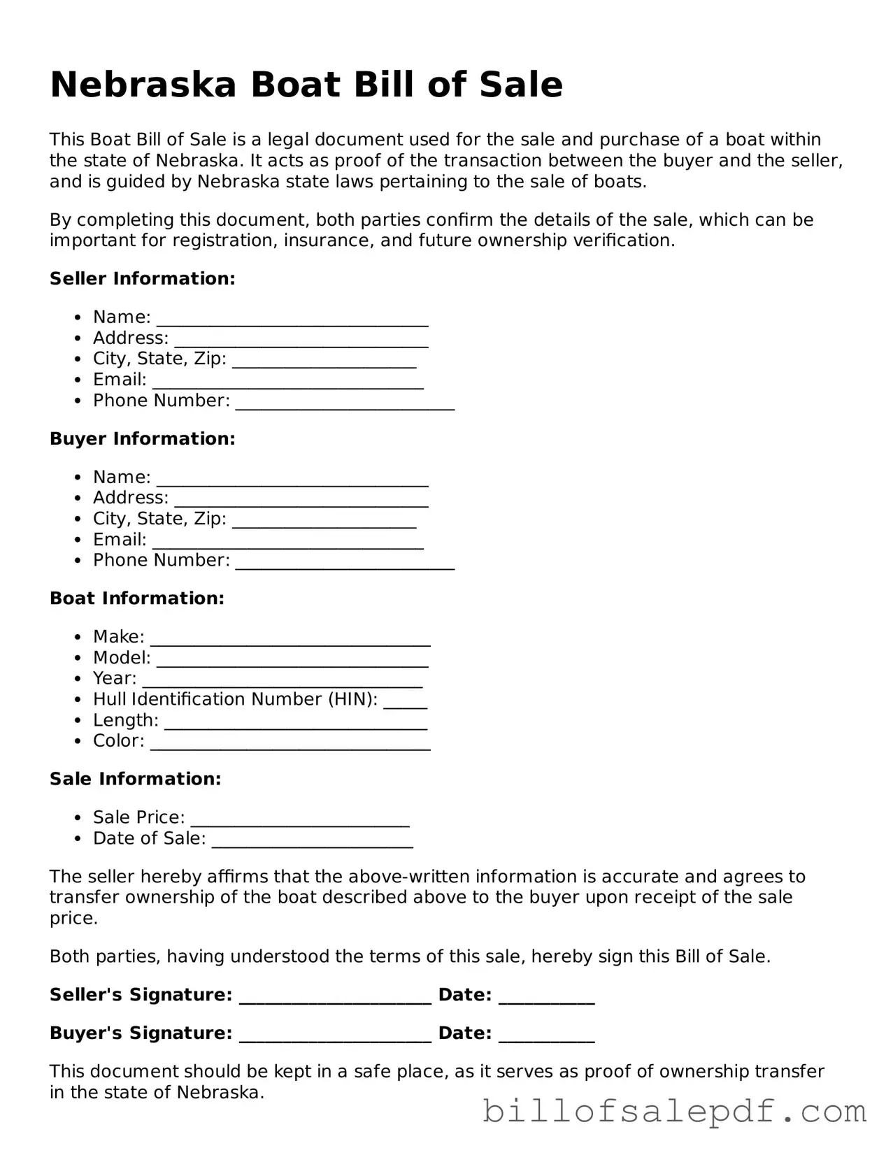 Legal Nebraska Boat Bill of Sale Form