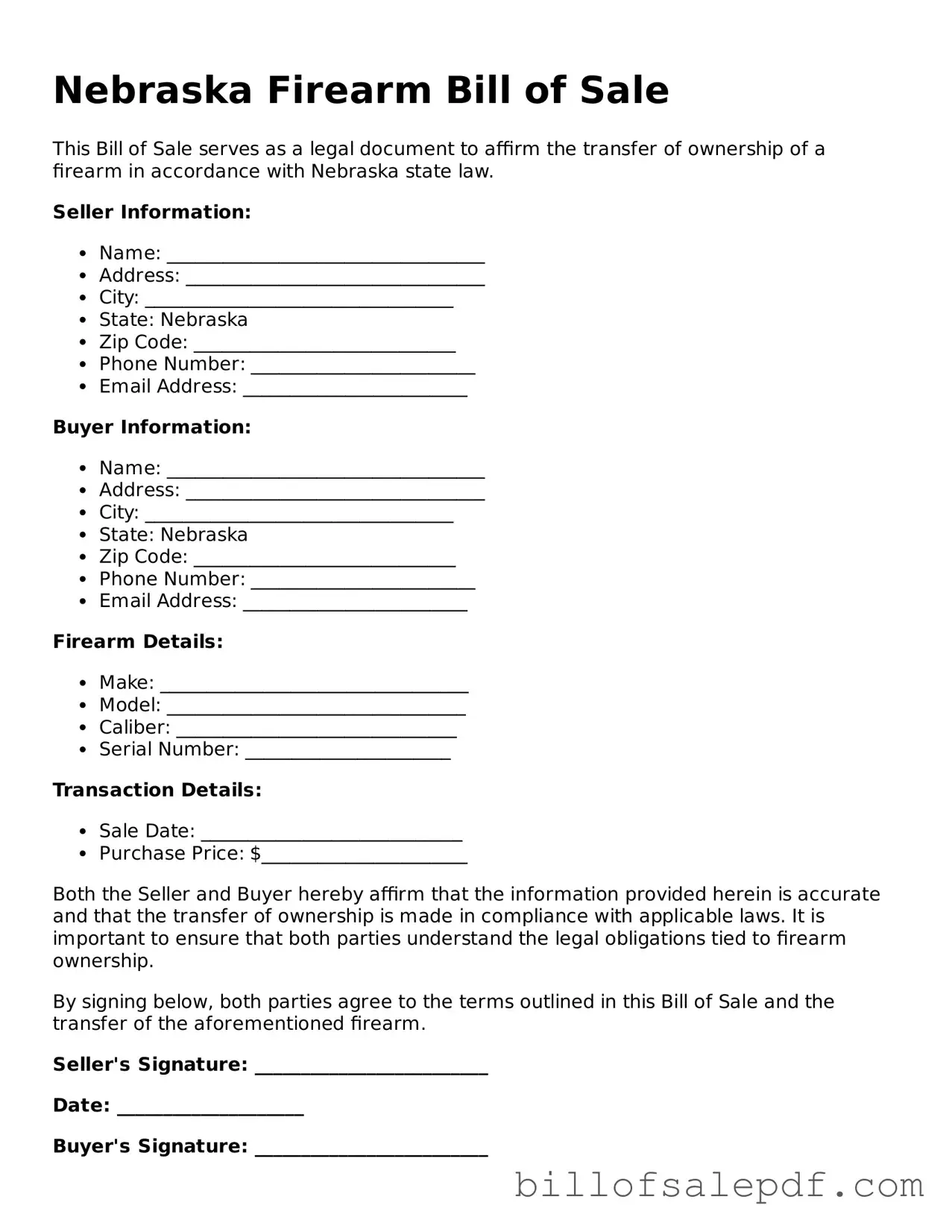 Legal Nebraska Firearm Bill of Sale Form