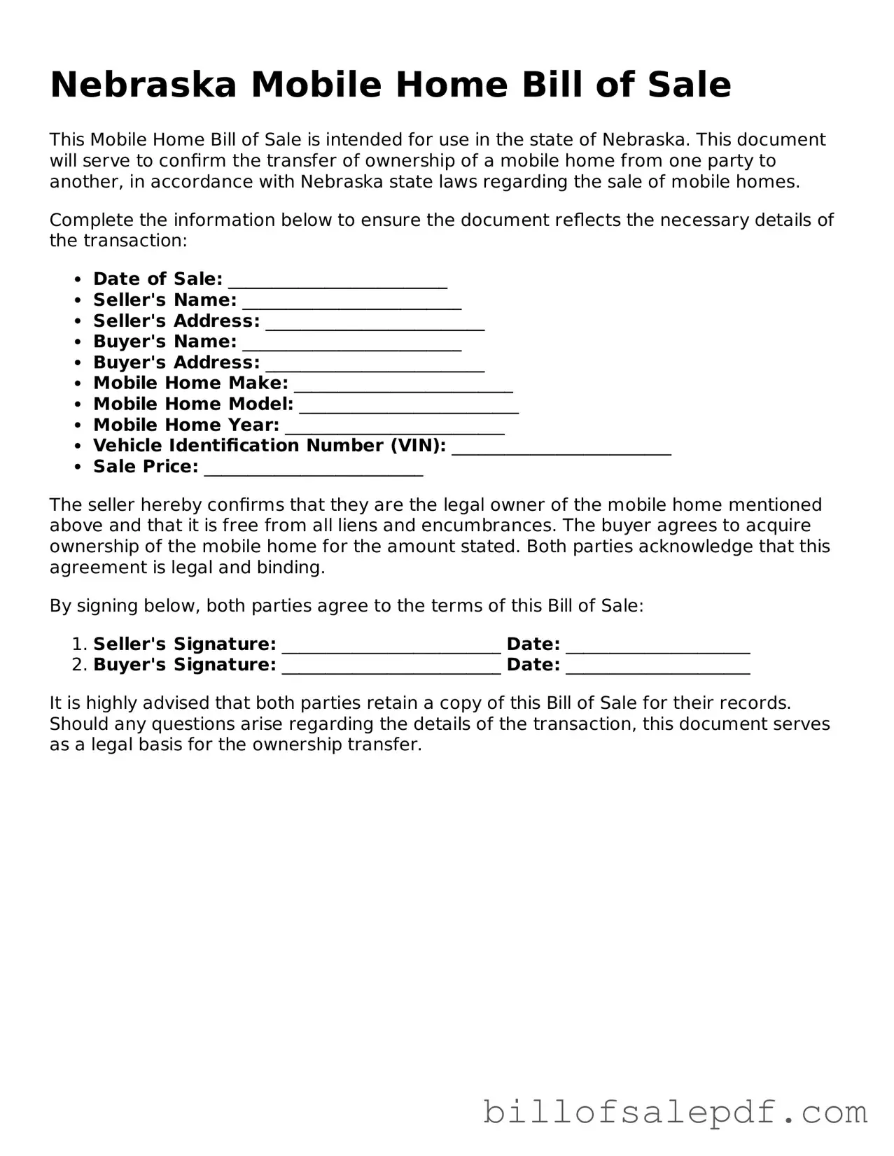Legal Nebraska Mobile Home Bill of Sale Form