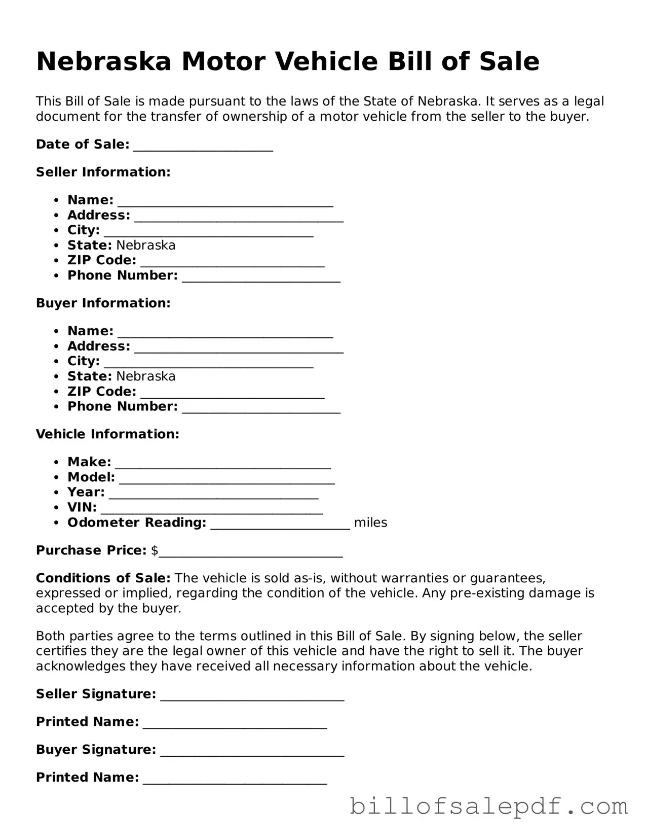 Legal Nebraska Motor Vehicle Bill of Sale Form